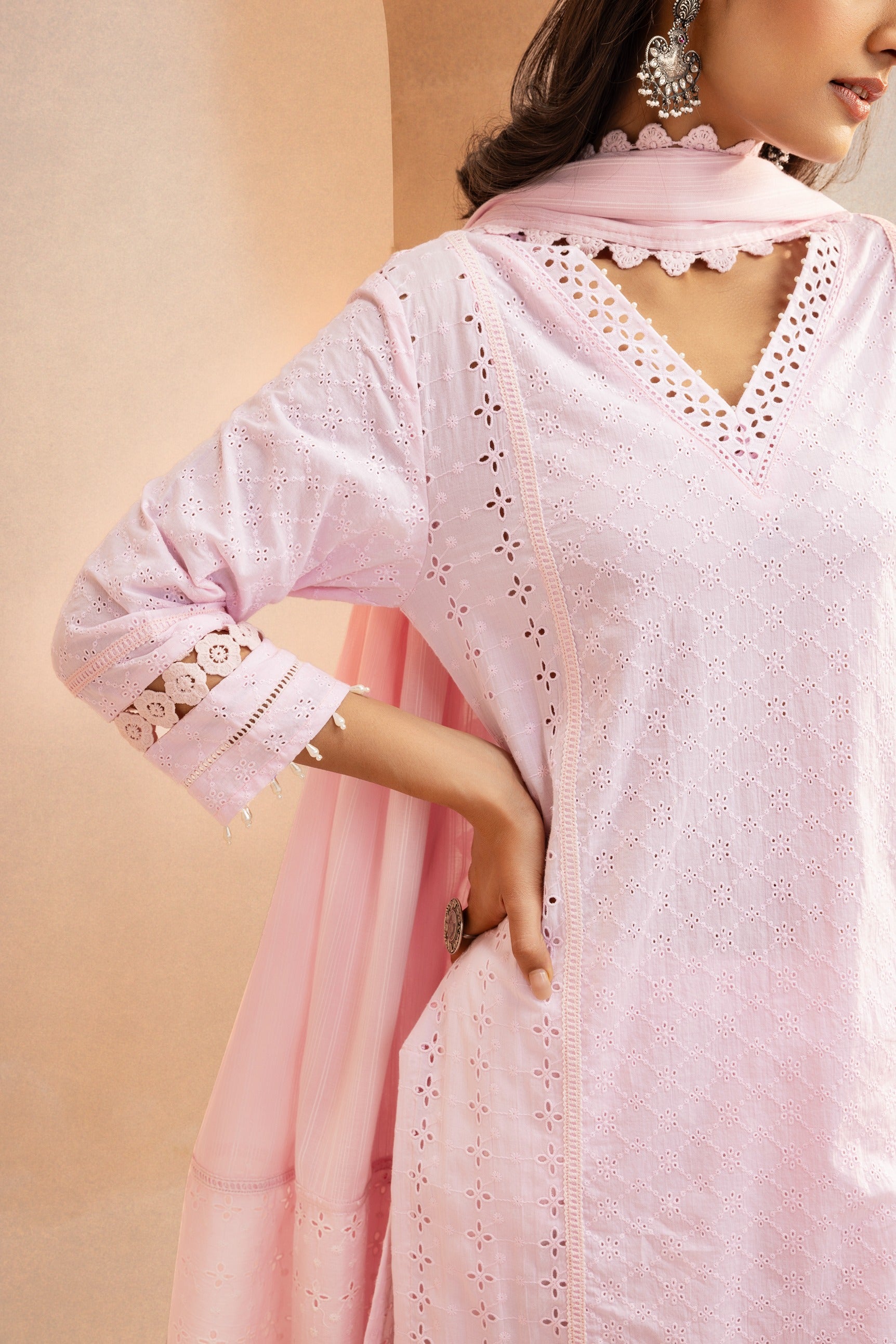 ZOYA PINK SCHIFFLI EMBROIDERED COTTON KURTA SET