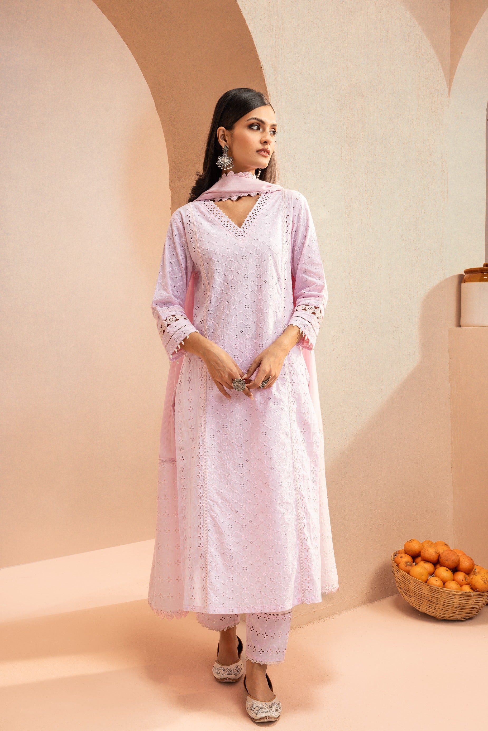 ZOYA PINK SCHIFFLI EMBROIDERED COTTON KURTA SET