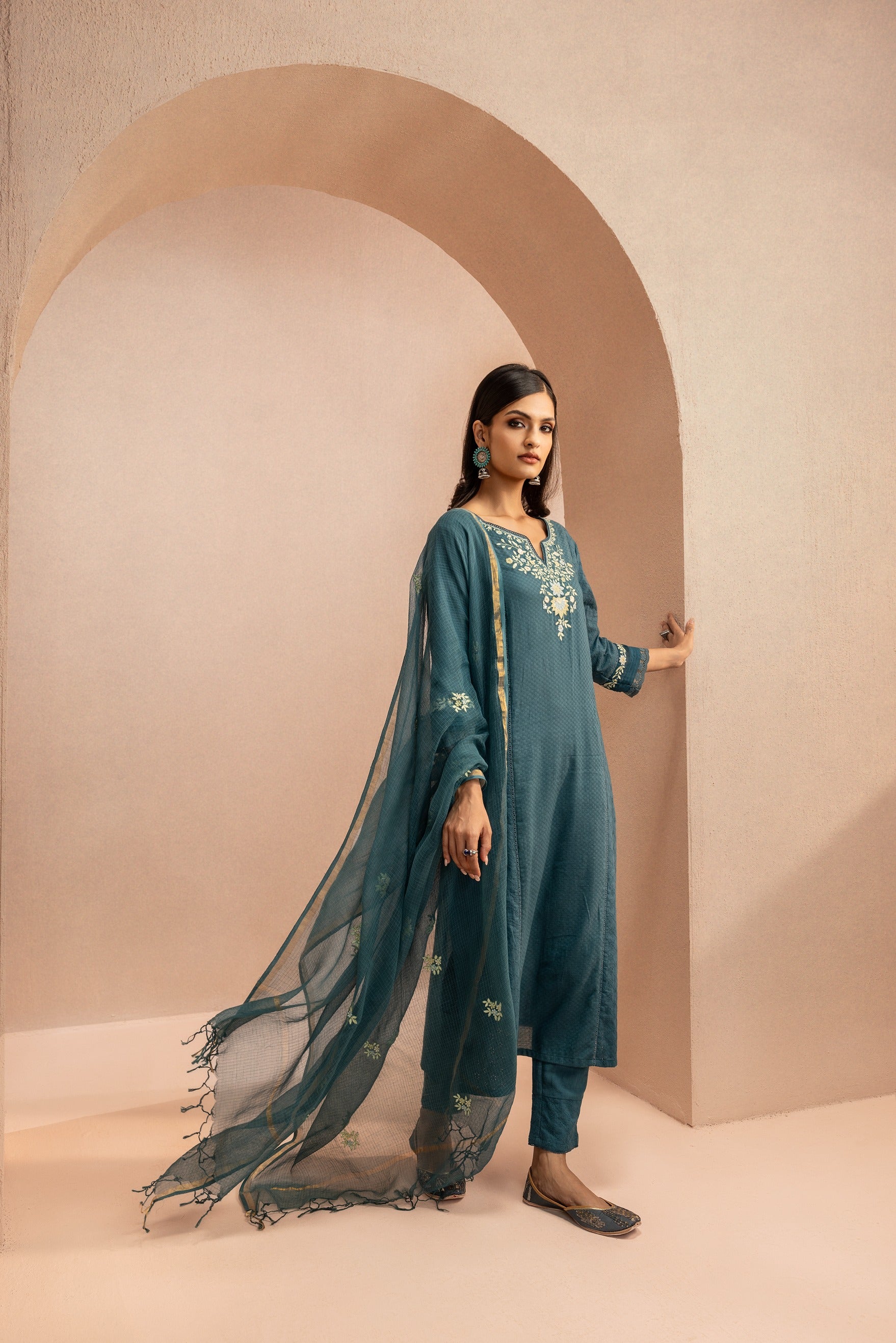 JASMINE TEAL SCHIFFLI EMBROIDERED COTTON DOBBY KURTA SET