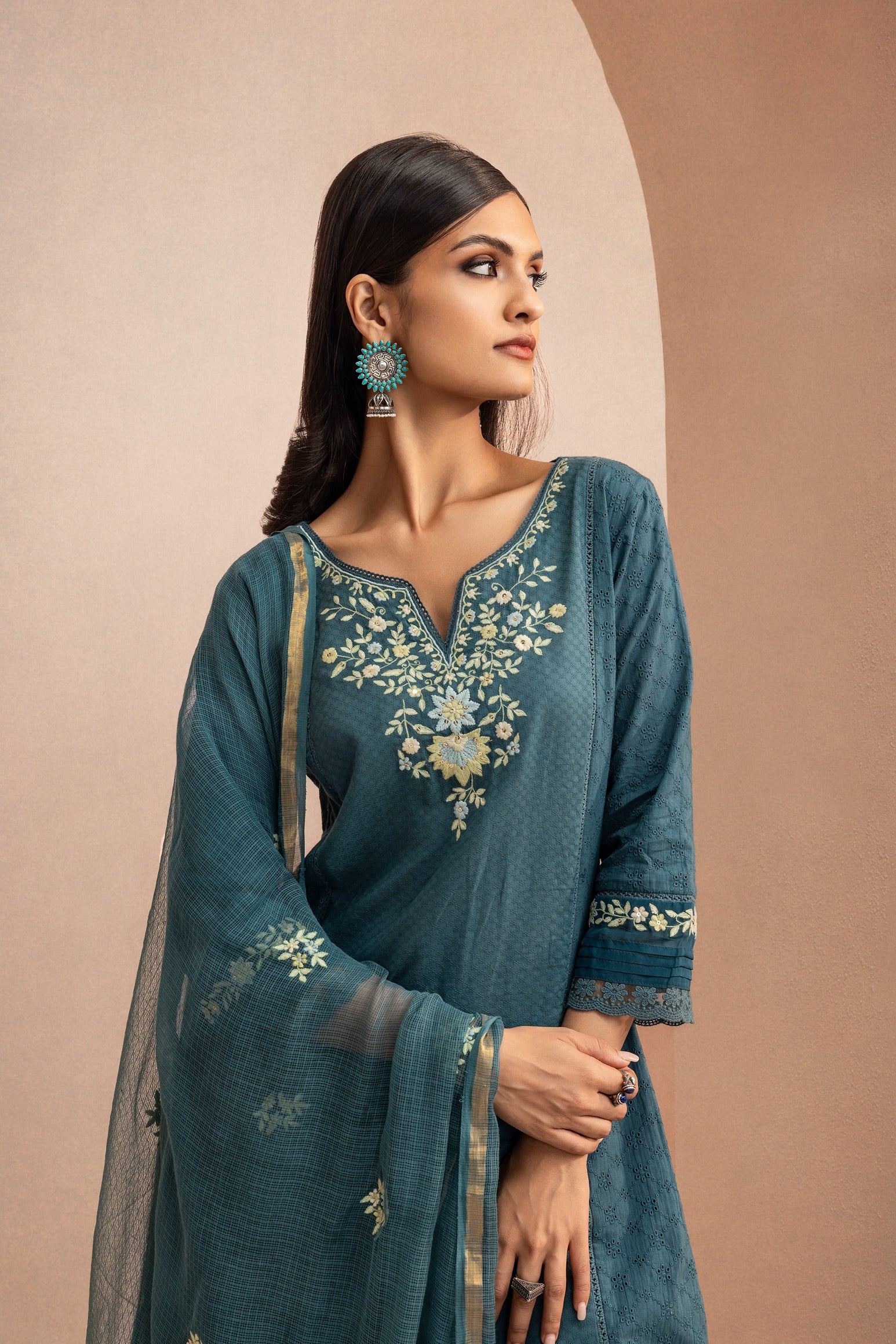 JASMINE TEAL SCHIFFLI EMBROIDERED COTTON DOBBY KURTA SET