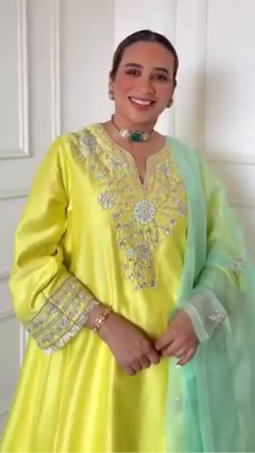 Priyanka (Sunny) in Kainat Silk Chanderi Embroidered Lime Yellow A-Line Choga Set