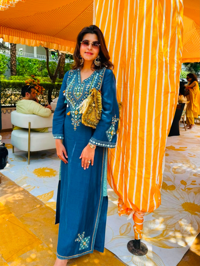 Sanah Kapoor In Zeva Navy Blue Mirror Work Mul Chanderi Handcrafted Kaftan