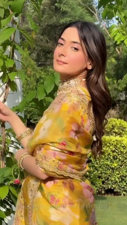Itika Arrora in Adira Mustard Floral Printed Luxe Organza Saree