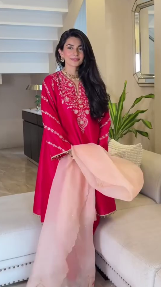Radhica Diwan in Silk Chanderi Embroidered Ruby A-Line Choga Set