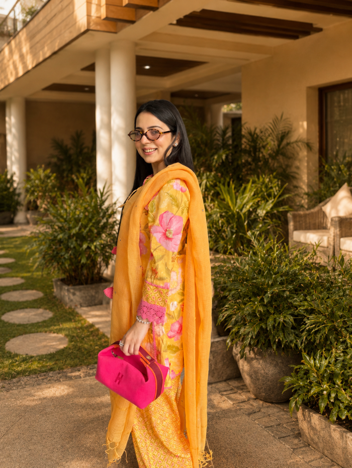 Tanya Narang In Vanya Yellow & Pink Cotton Printed Short Kurta Set with Farshi Salwar