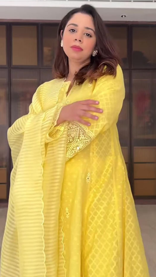 Tarini Bhatia in GULNAAR YELLOW JACQUARD EMBROIDERED HANDCRAFTED KURTA SET