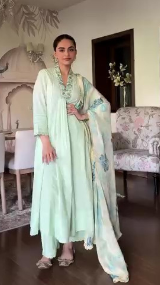 Mehak Bakshi in SUMANA GREEN COTTON SLUB JACQUARD HANDCRAFTED KURTA SET