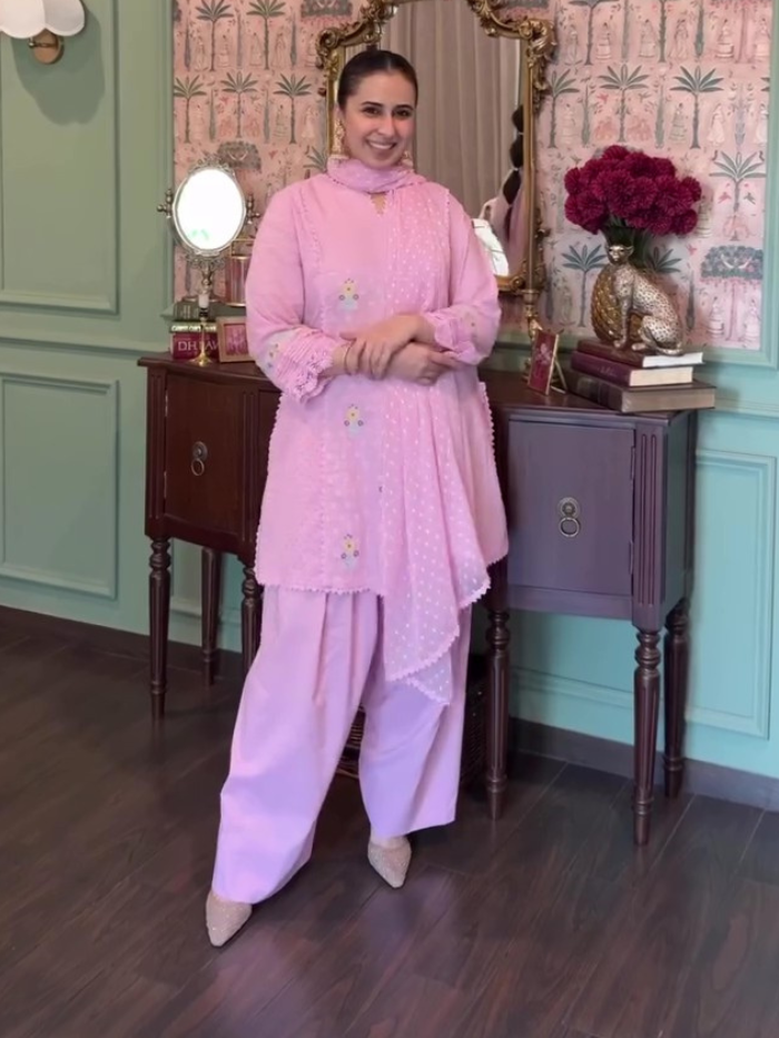 Sania Chadha In Laila Lavender Cotton Slub Jacquard Handcrafted Short Kurta Set with Aari embroidery and Farshi Salwar