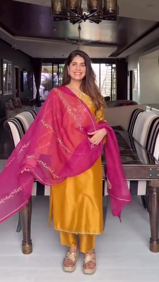 Mehal Kejriwal in Zeenat Silk Chanderi Embroidered Mustard Straight Kurta Set