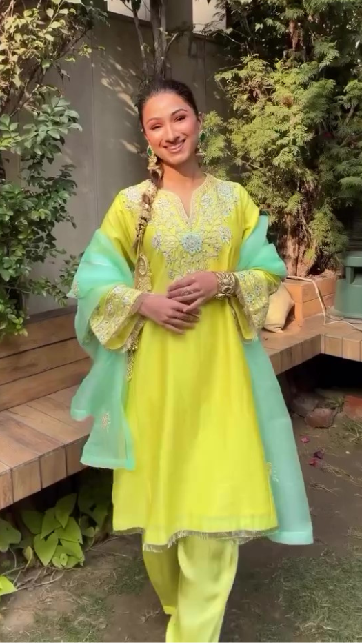 Noopur Artul in Kainat Silk Chanderi Embroidered Lime Yellow A-Line Choga Set