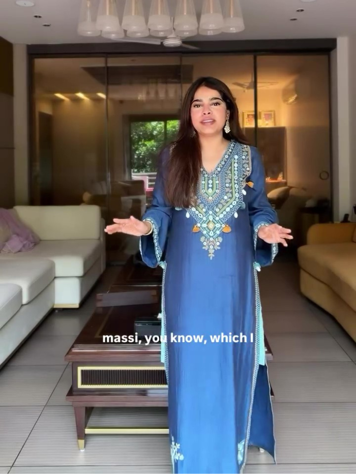 Kamya Gupta In Zeva Navy Blue Mirror Work Mul Chanderi Handcrafted Kaftan