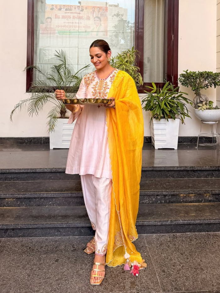 Supriya Nagpal In Zora Baby Pink Mirror Work Silk Chanderi Handcrafted A-Line Kurta Set