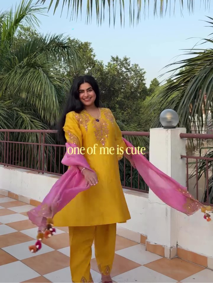 Shiveeka Nirula In Zora Yellow Mirror Work Silk Chanderi Handcrafted A-Line Kurta Set