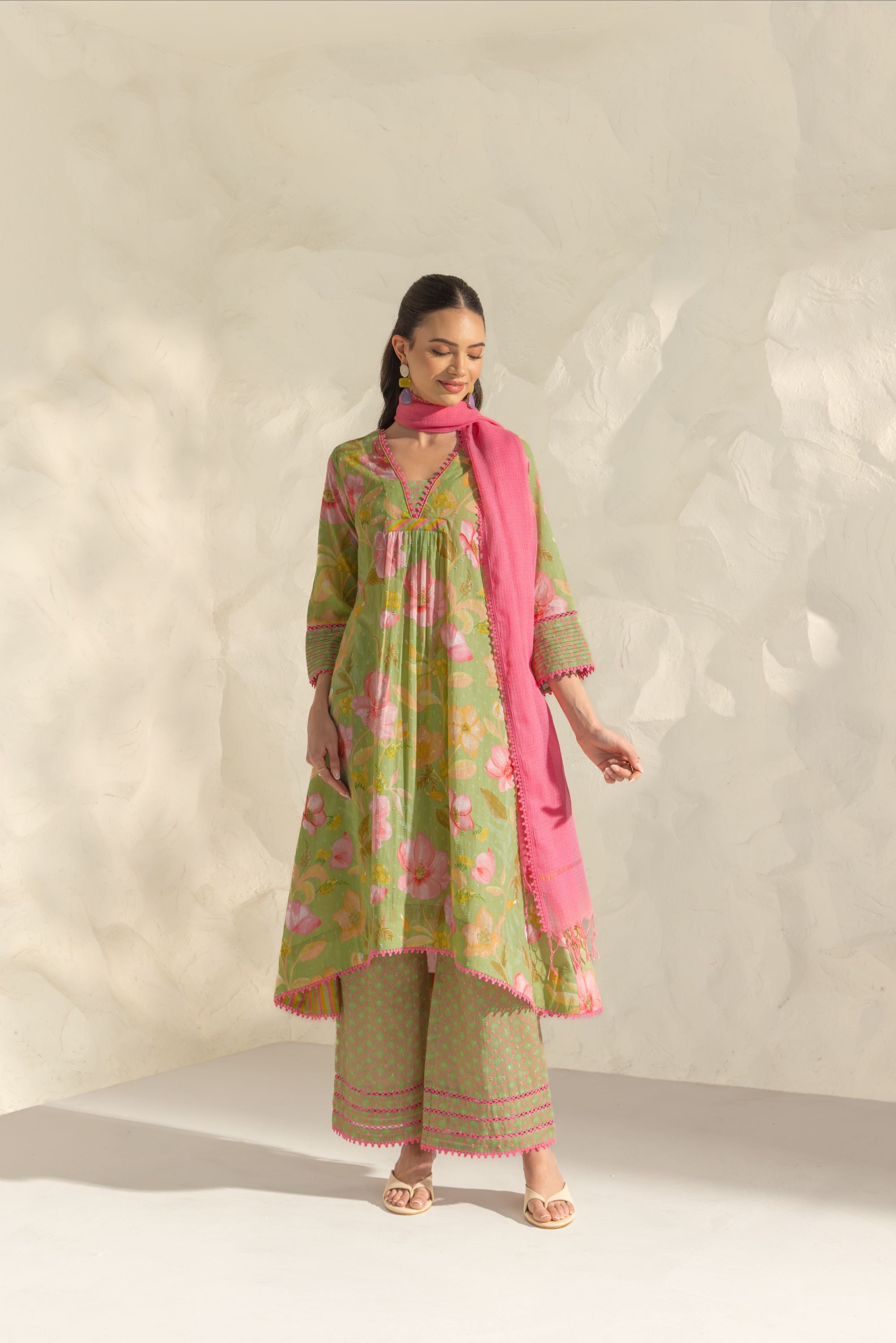 Ranya Green & Pink Handcrafted Floral Printed Cotton Dobby A-line Long Kurta Set