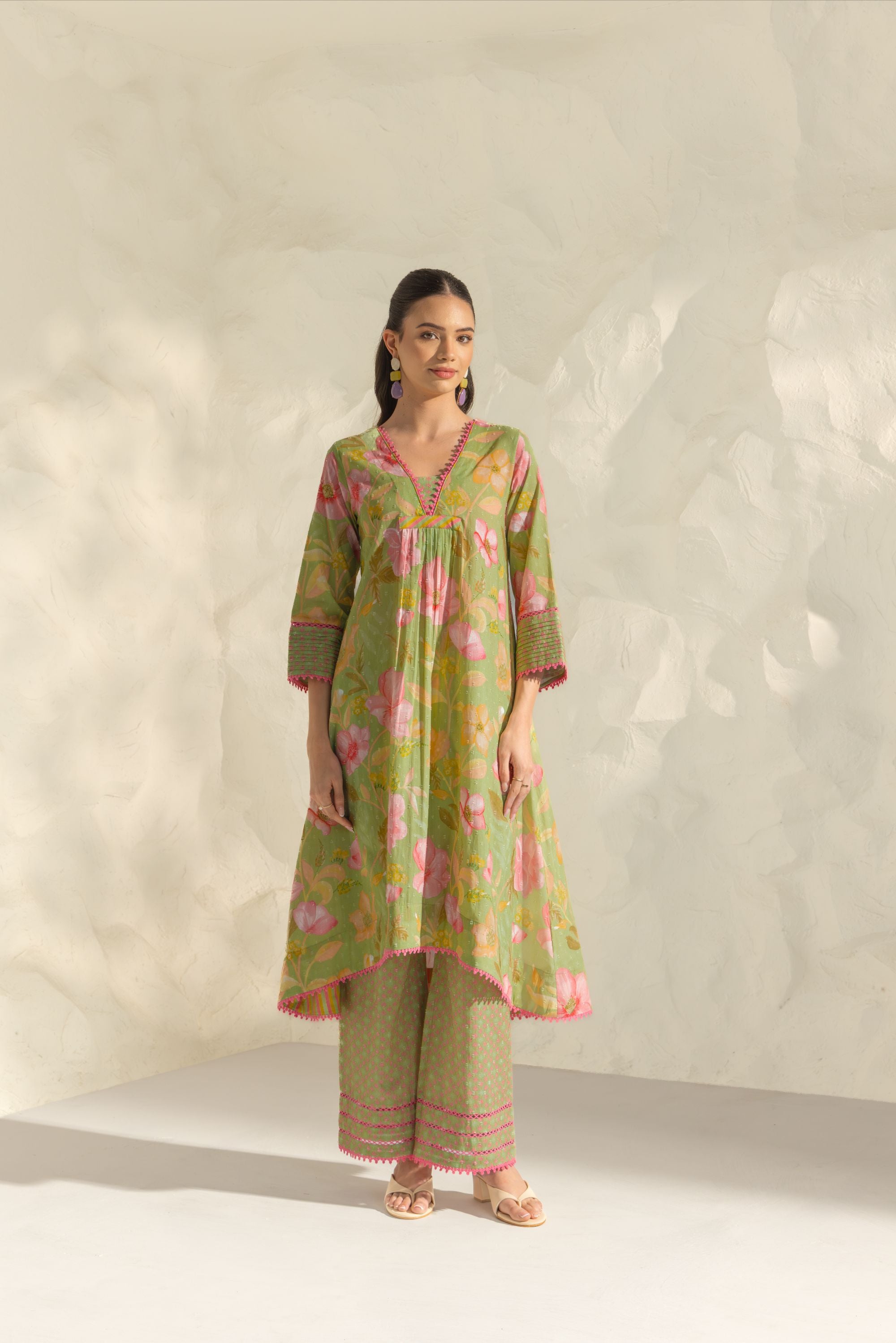 Ranya Green & Pink Handcrafted Floral Printed Cotton Dobby A-line Long Kurta Set