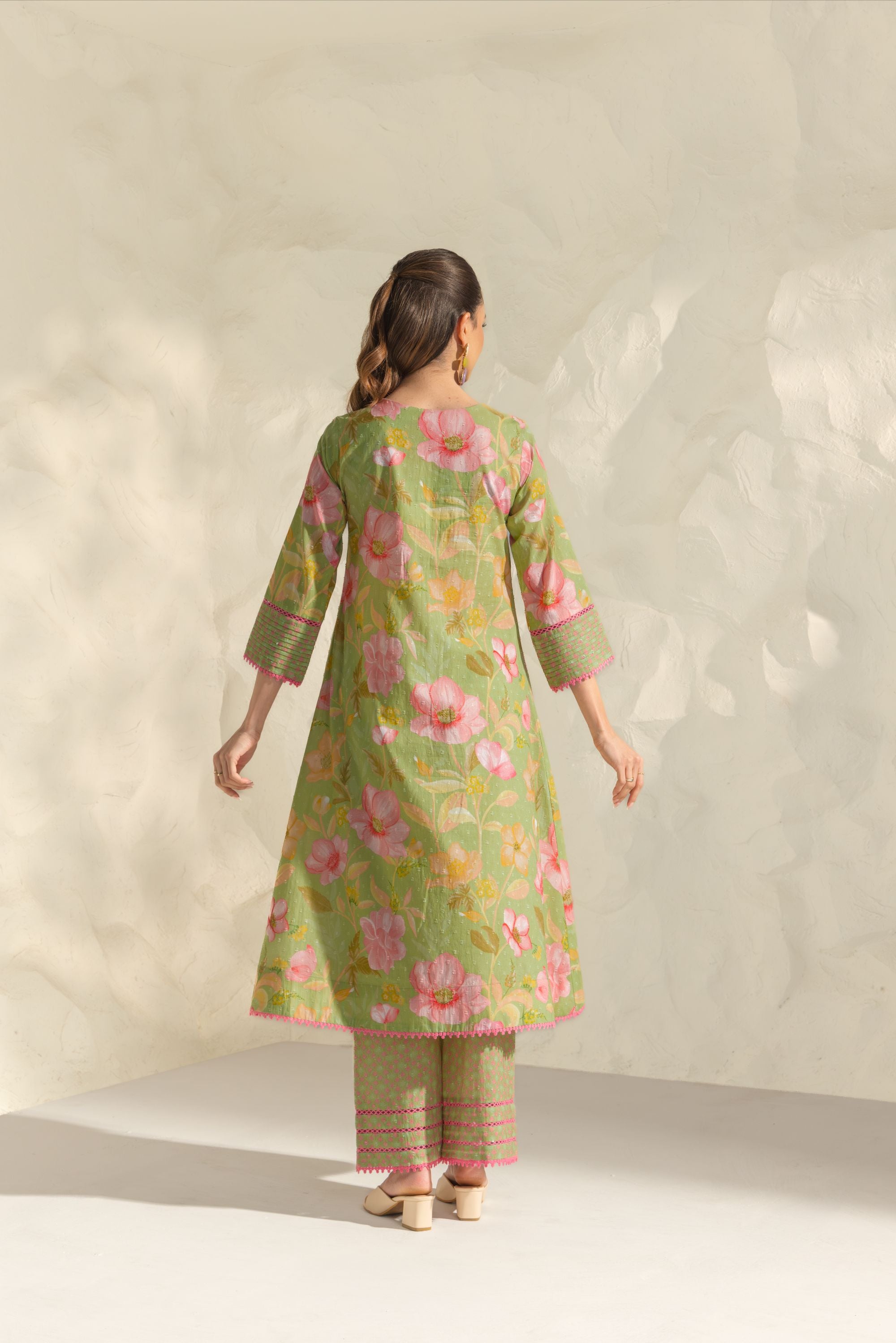 Ranya Green & Pink Handcrafted Floral Printed Cotton Dobby A-line Long Kurta Set