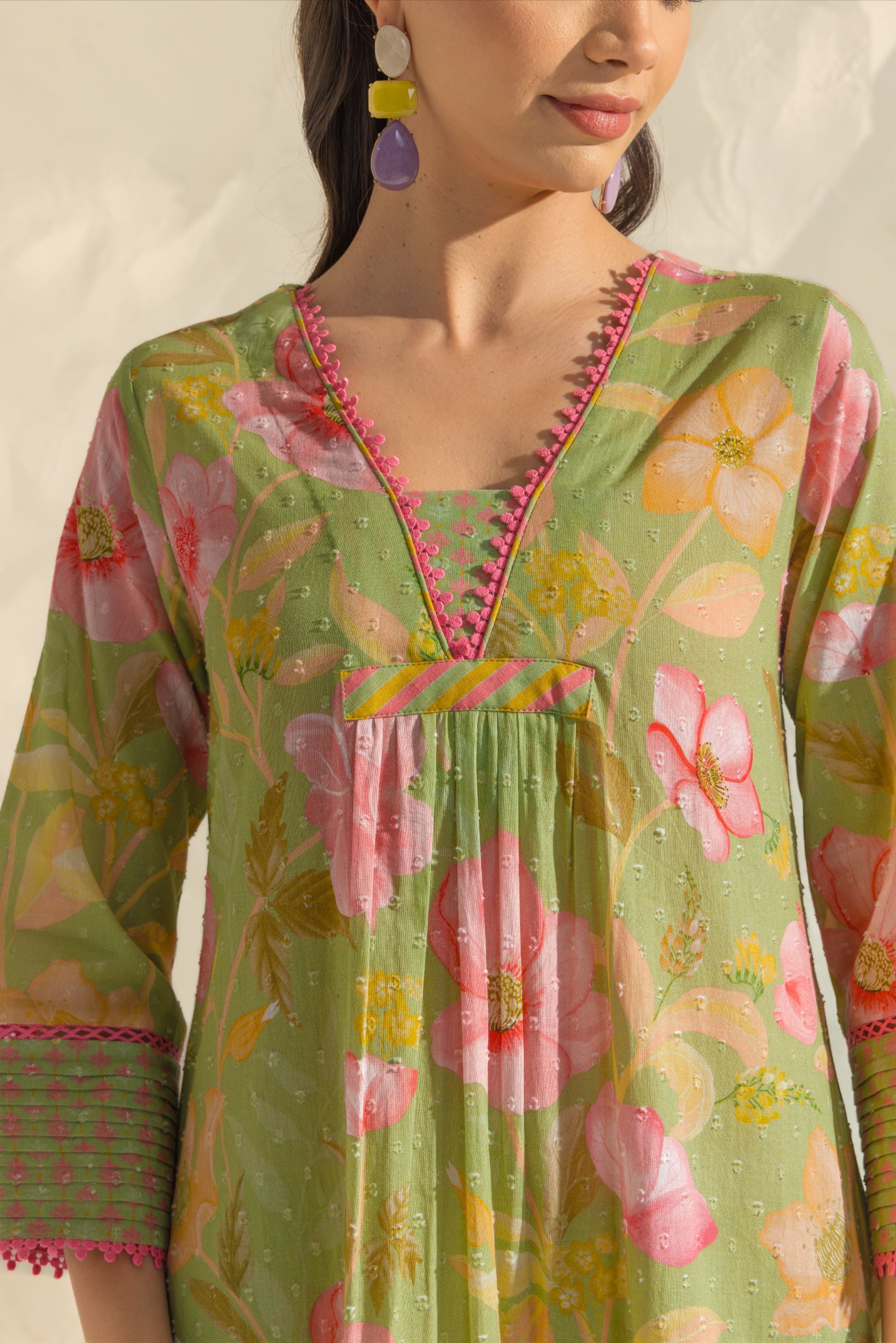 Ranya Green & Pink Handcrafted Floral Printed Cotton Dobby A-line Long Kurta Set