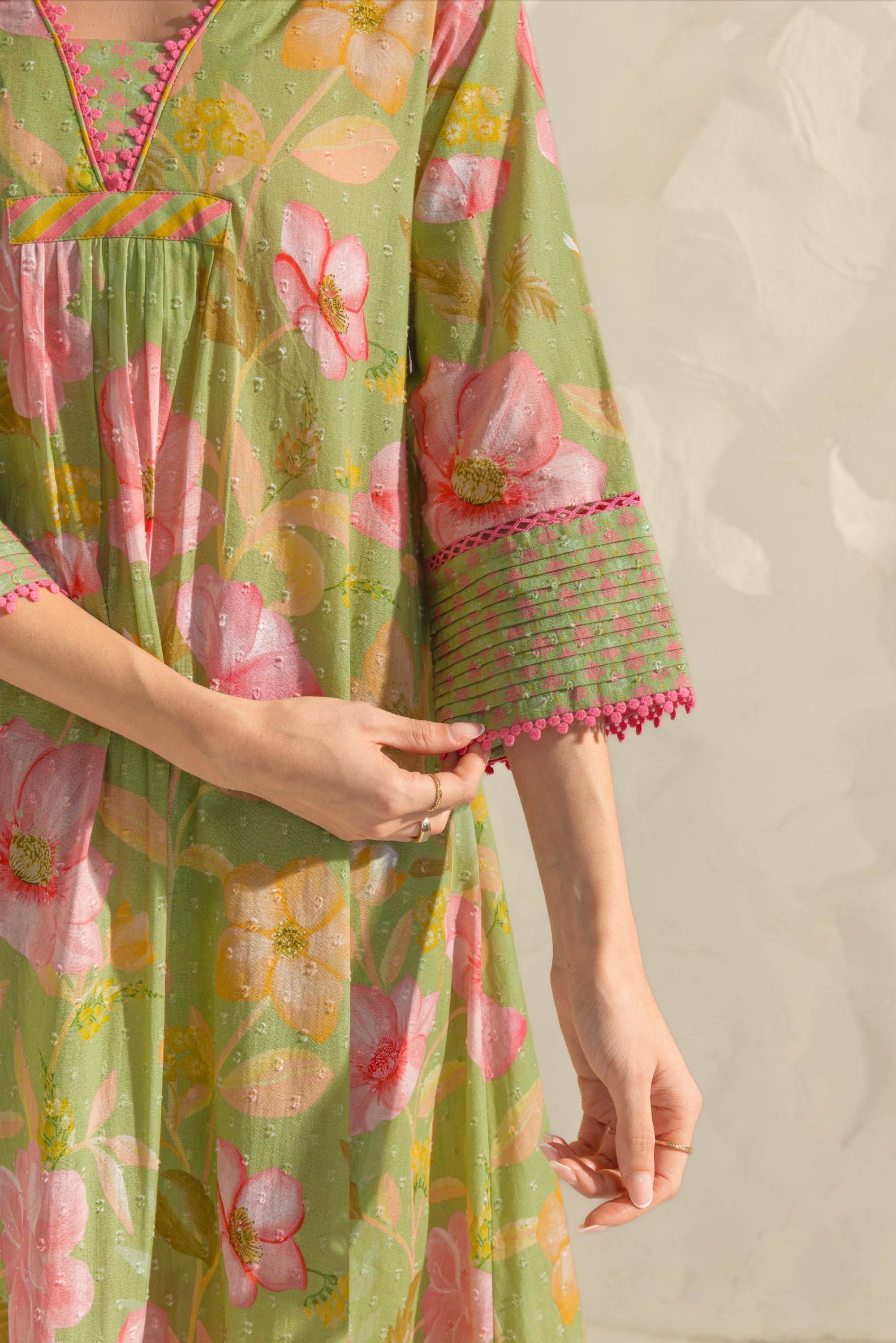 Ranya Green & Pink Handcrafted Floral Printed Cotton Dobby A-line Long Kurta Set