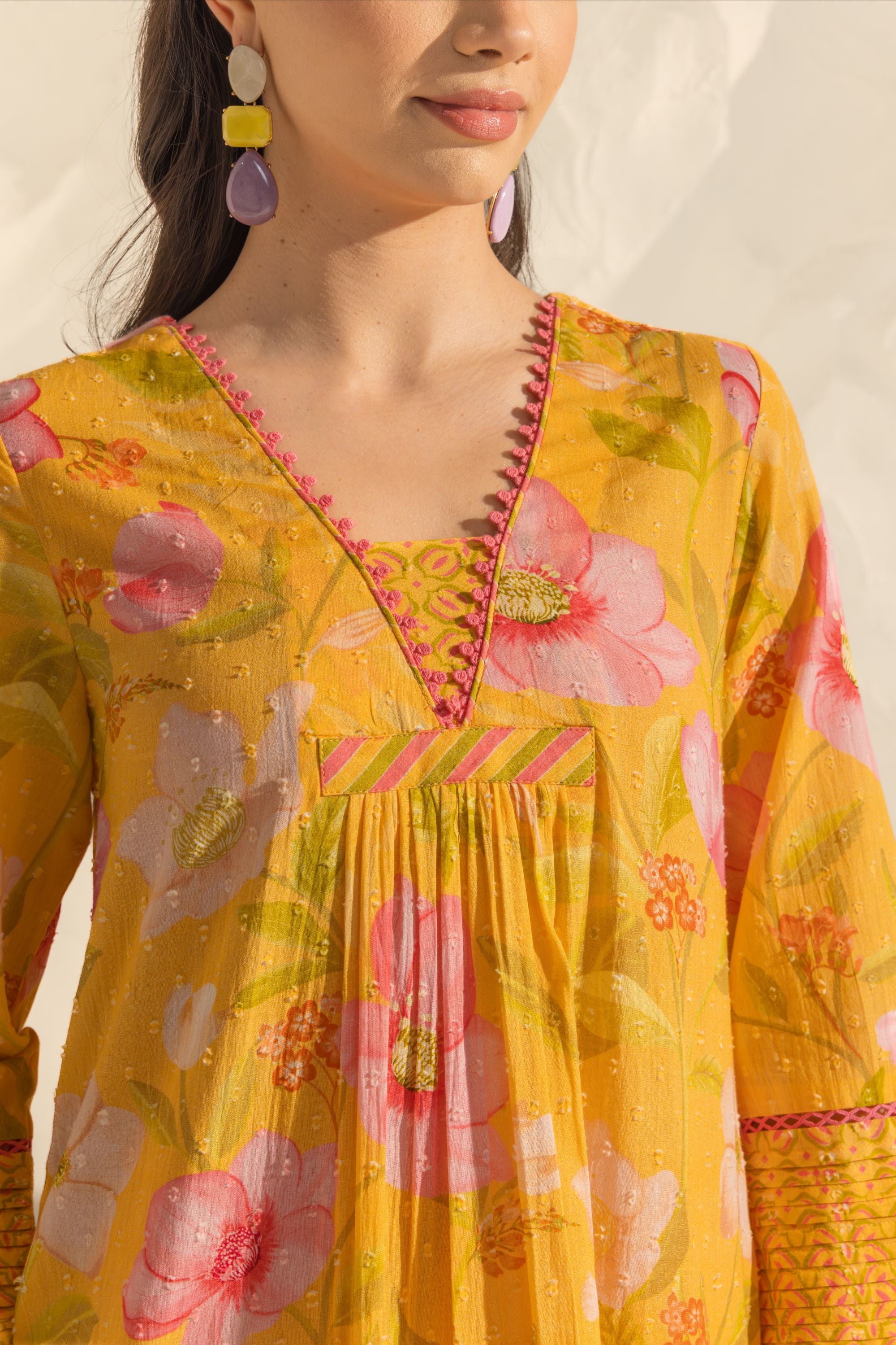 Ranya Yellow & Pink Handcrafted Floral Printed Cotton Dobby A-line Long Kurta Set