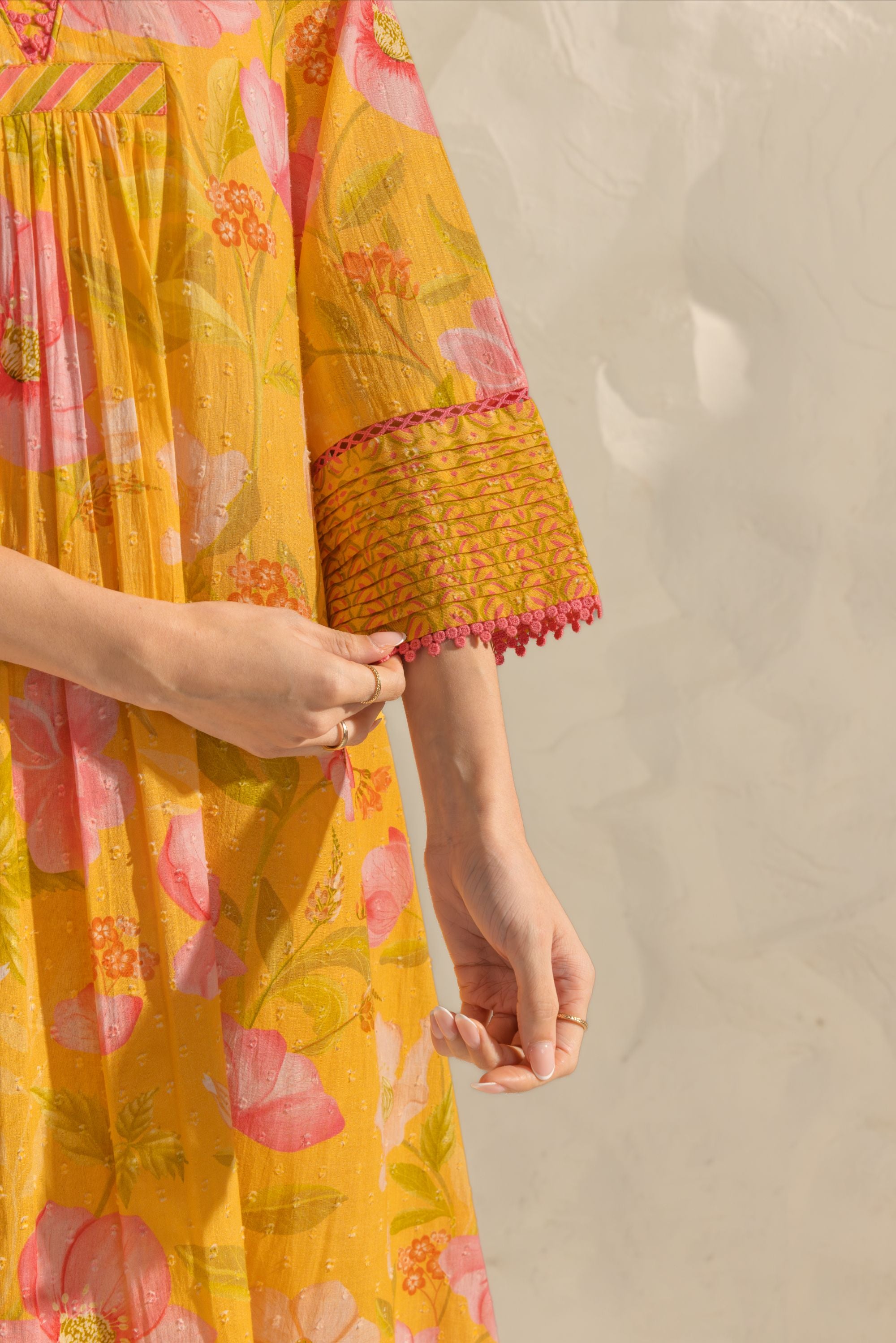 Ranya Yellow & Pink Handcrafted Floral Printed Cotton Dobby A-line Long Kurta Set