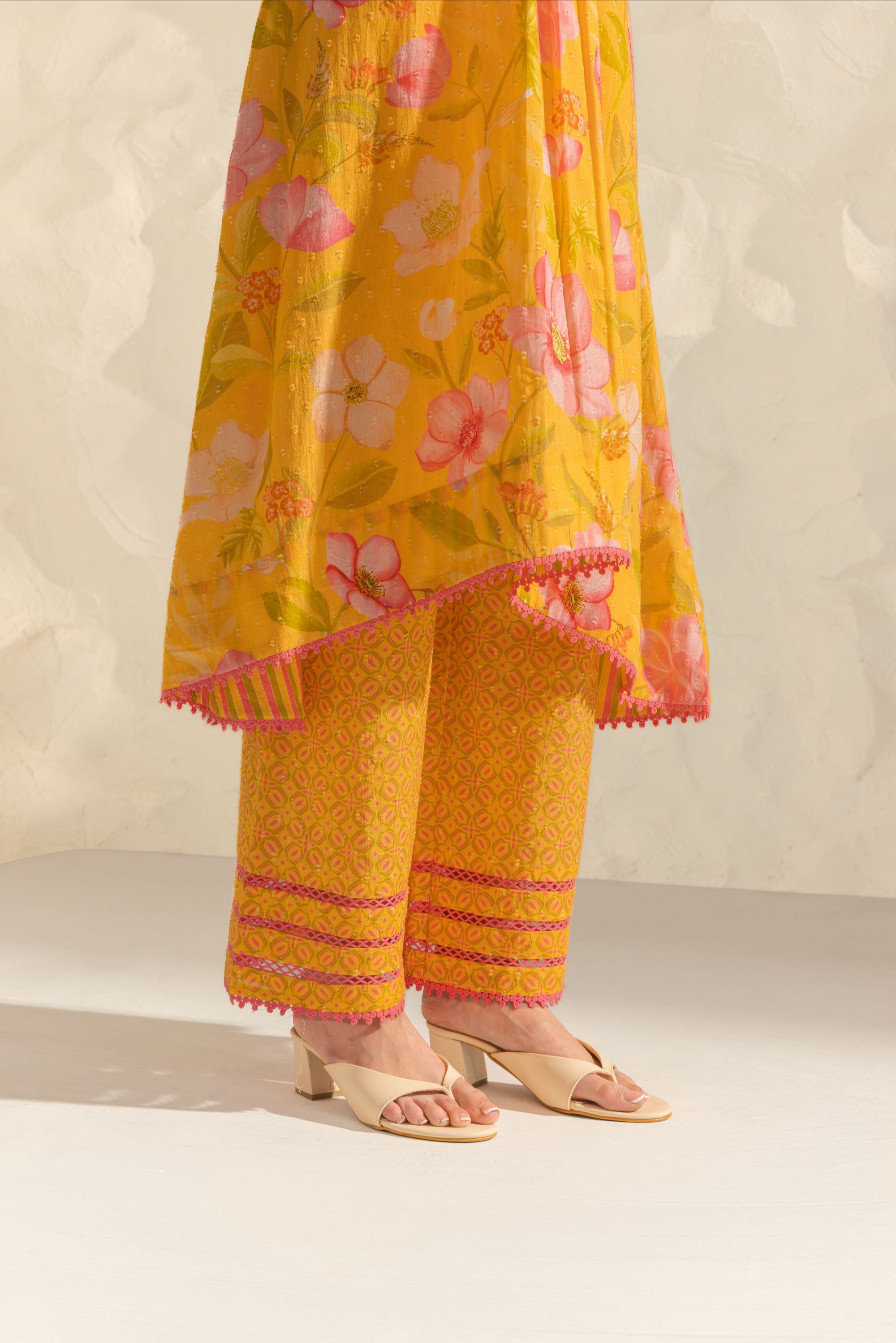 Ranya Yellow & Pink Handcrafted Floral Printed Cotton Dobby A-line Long Kurta Set