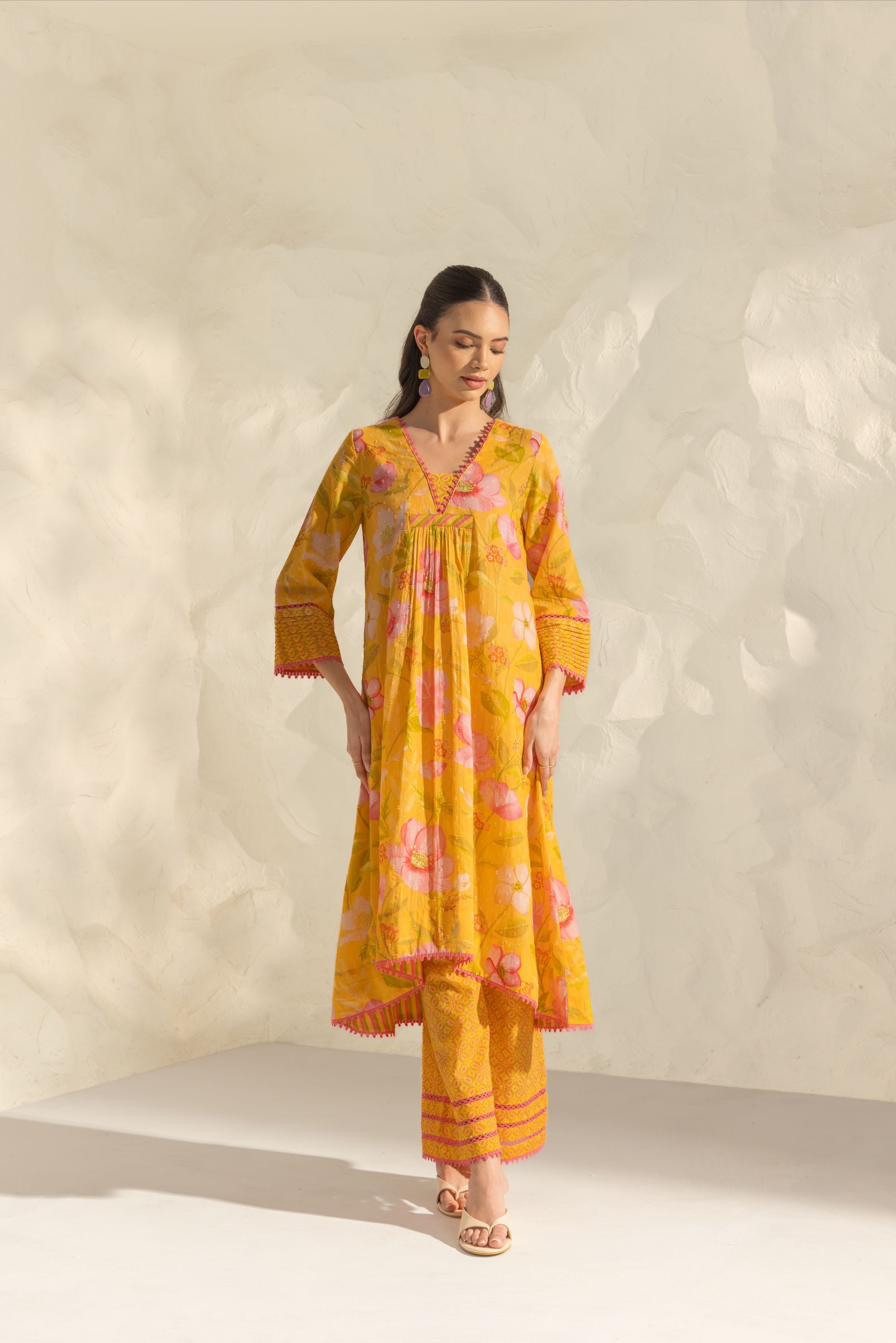 Ranya Yellow & Pink Handcrafted Floral Printed Cotton Dobby A-line Long Kurta Set