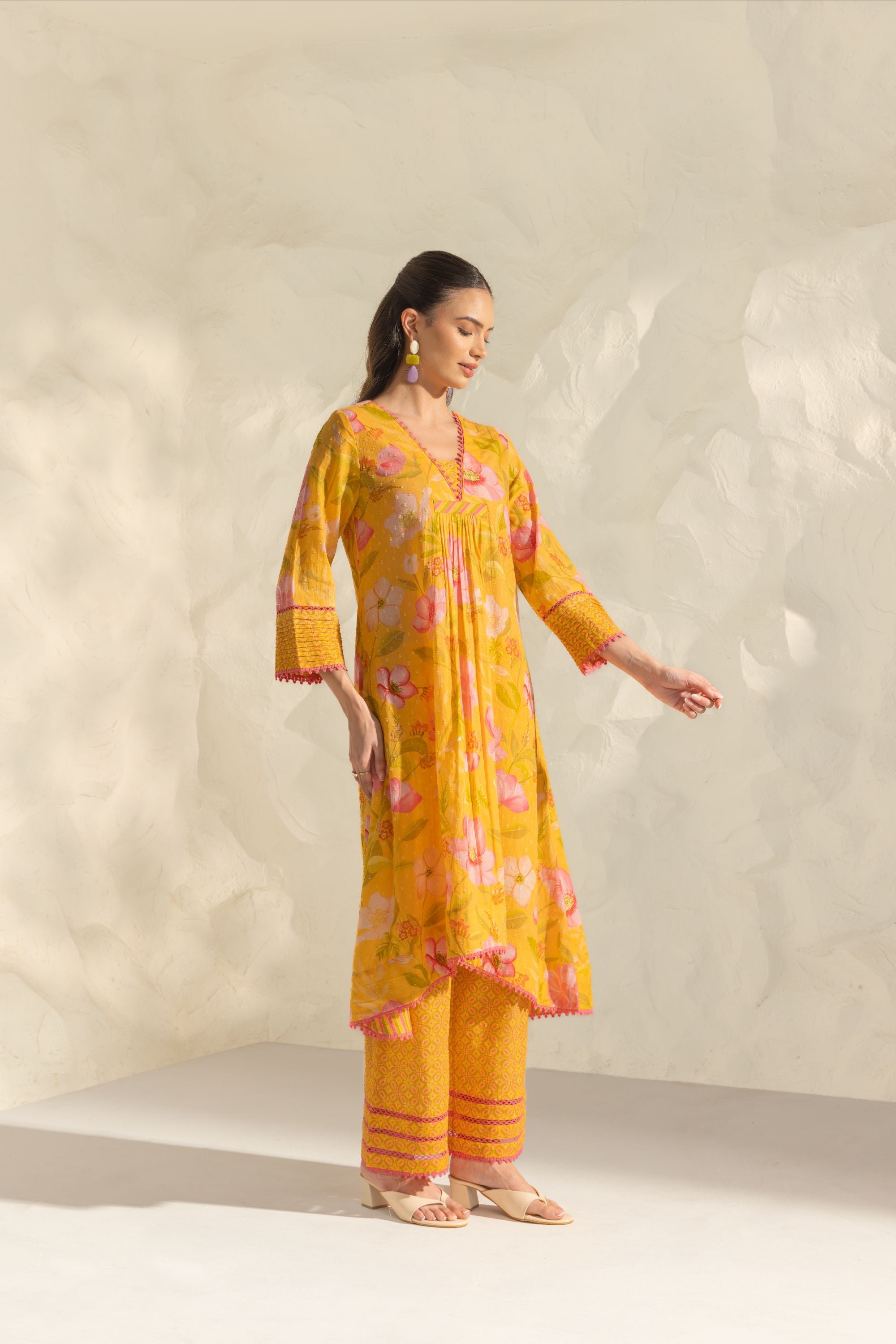 Ranya Yellow & Pink Handcrafted Floral Printed Cotton Dobby A-line Long Kurta Set