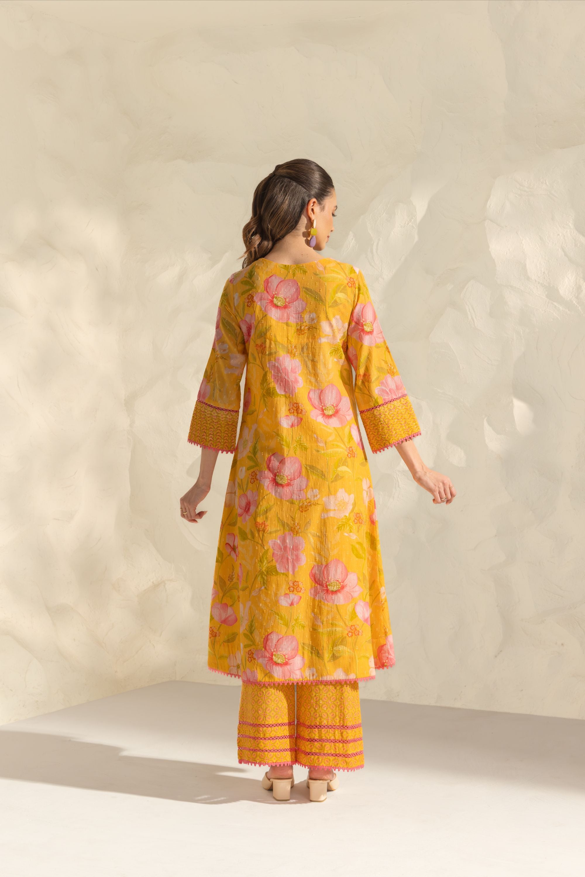 Ranya Yellow & Pink Handcrafted Floral Printed Cotton Dobby A-line Long Kurta Set