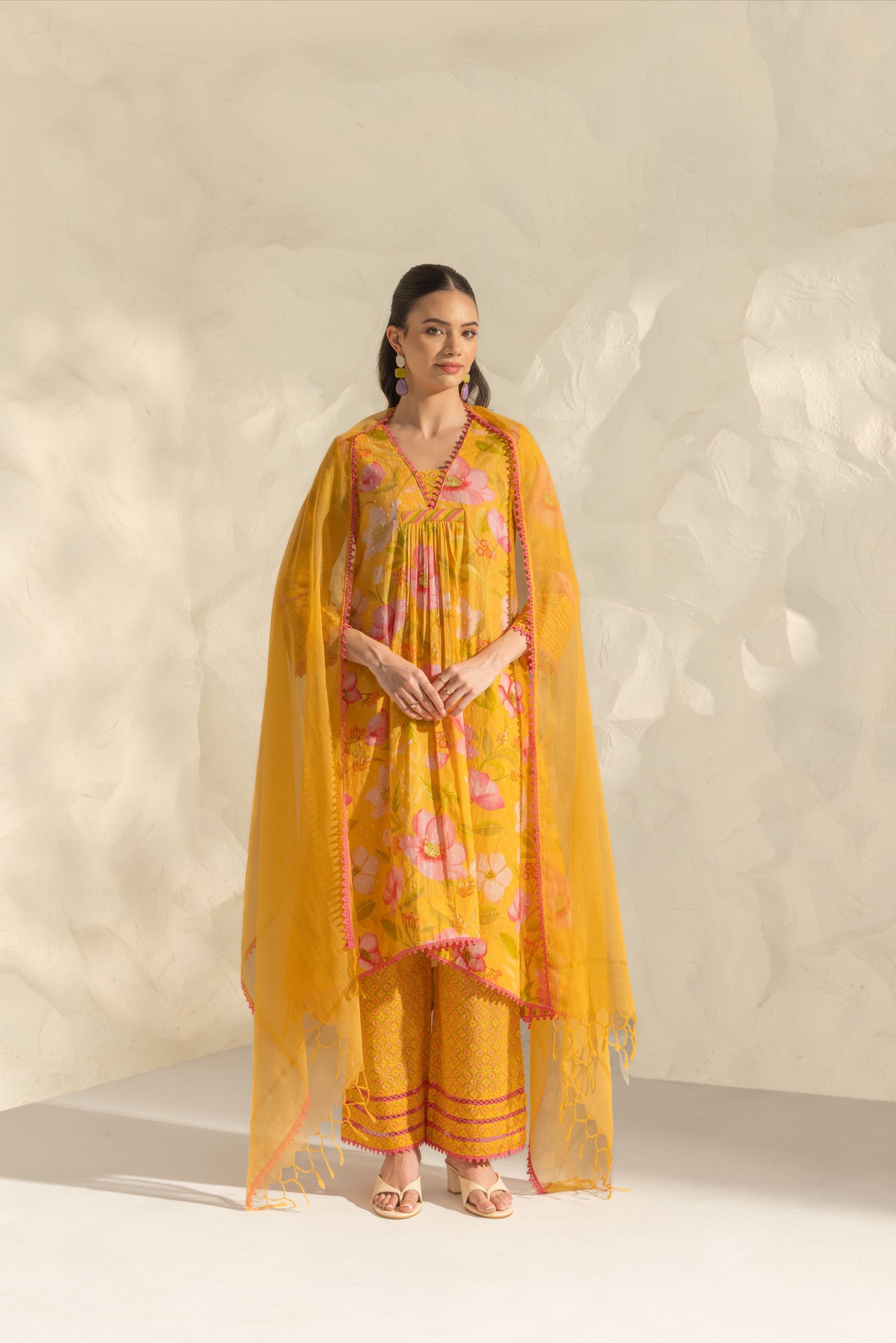 Ranya Yellow & Pink Handcrafted Floral Printed Cotton Dobby A-line Long Kurta Set