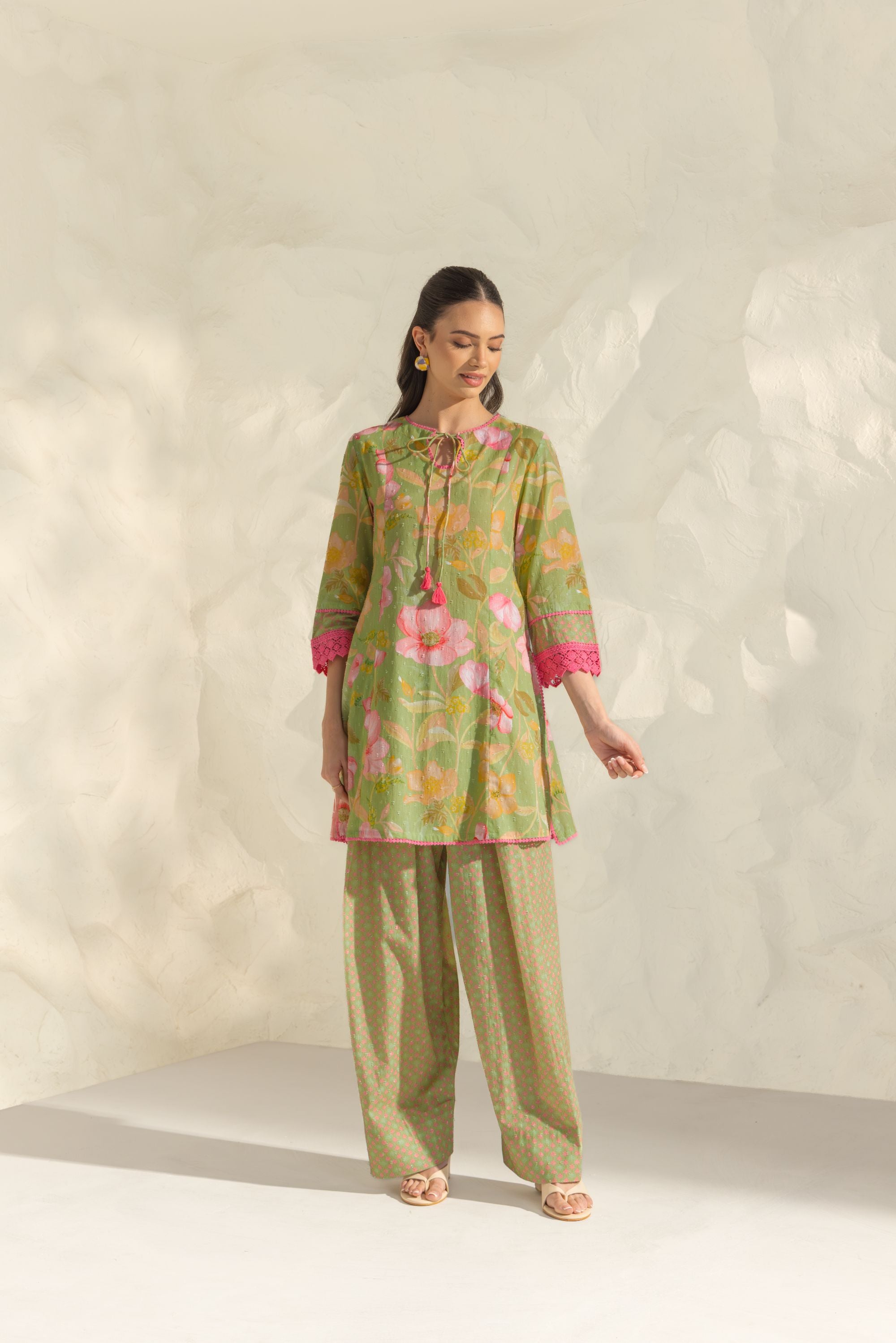 Vanya Green & Pink Cotton Printed Short Kurta Set with Farshi Salwar