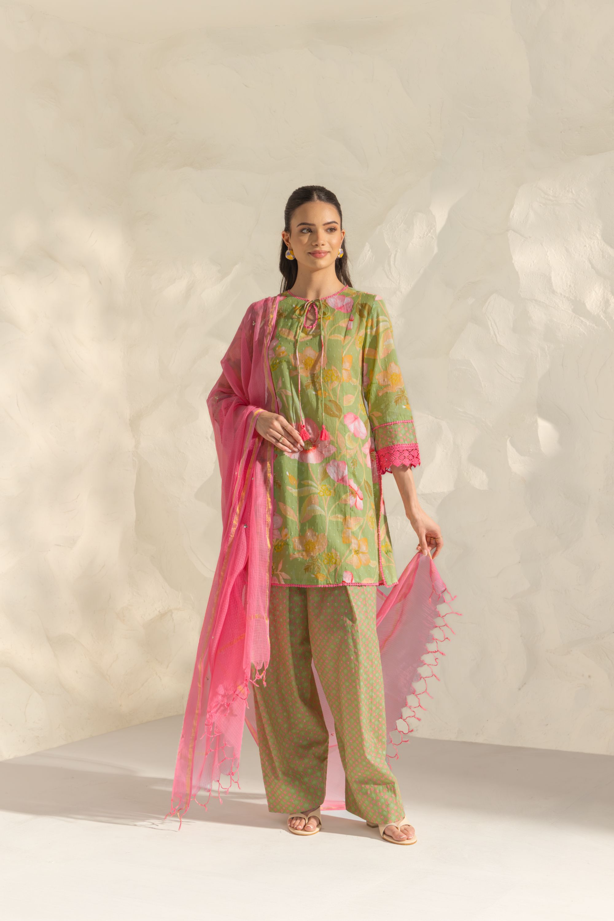 Vanya Green & Pink Cotton Printed Short Kurta Set with Farshi Salwar