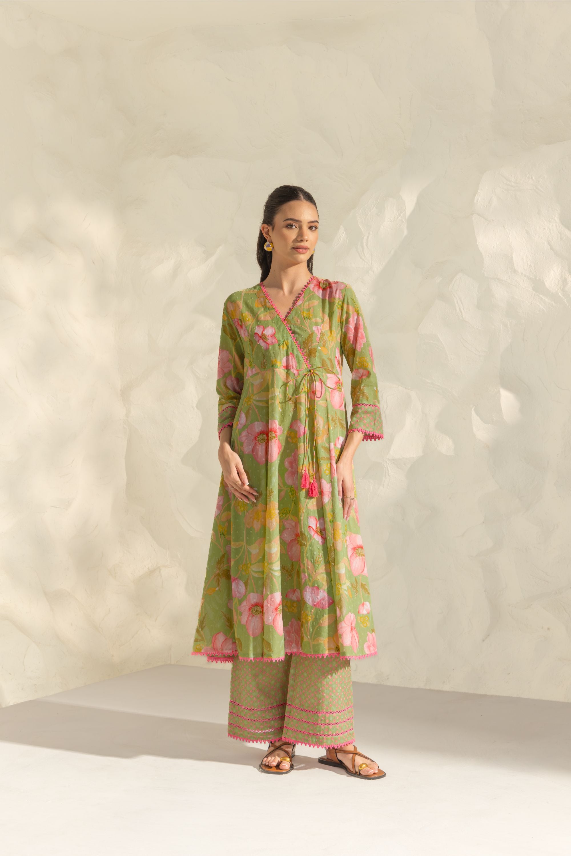 Riva Green & Pink Handcrafted Floral Printed Cotton Dobby Angrakha Set