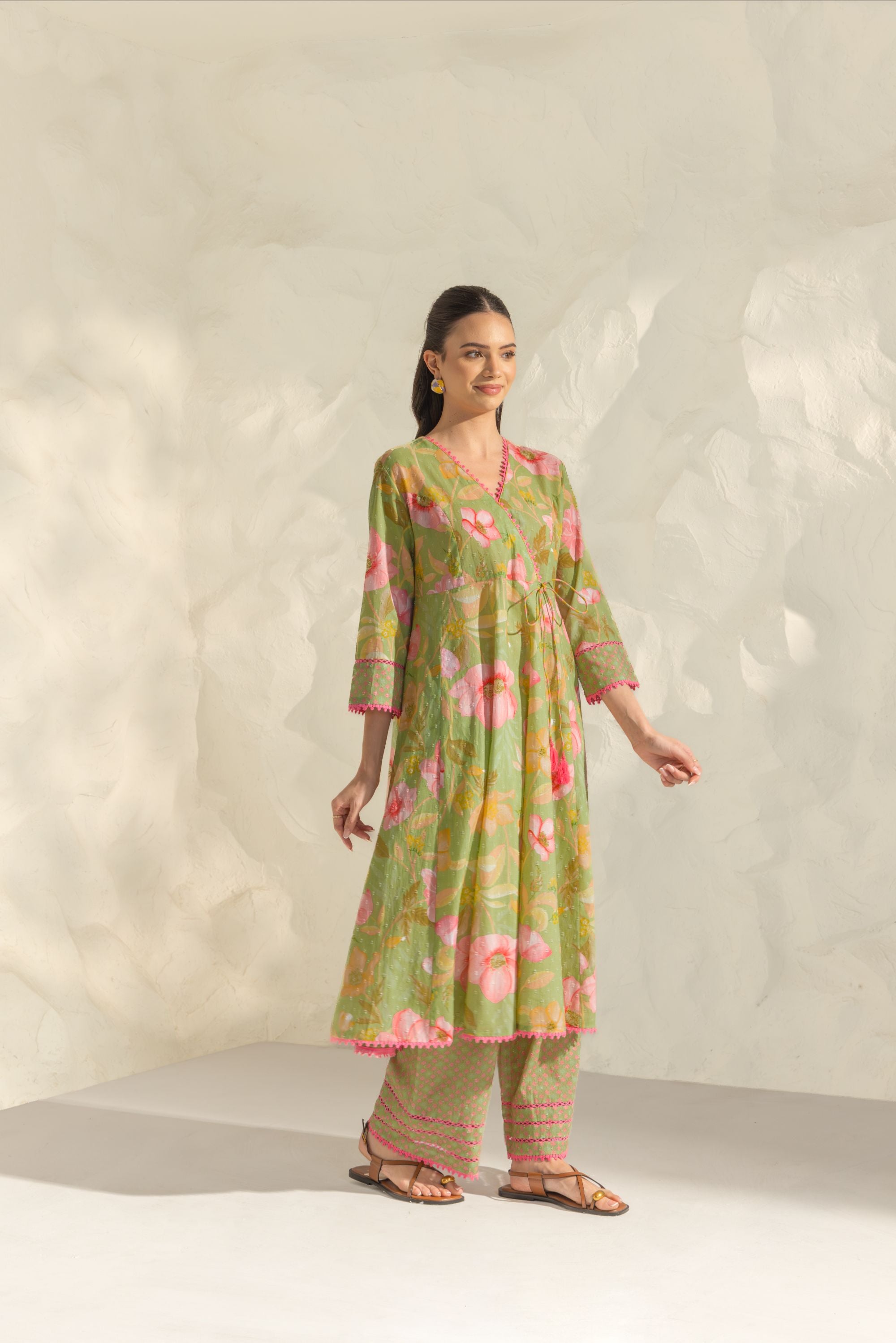 Riva Green & Pink Handcrafted Floral Printed Cotton Dobby Angrakha Set