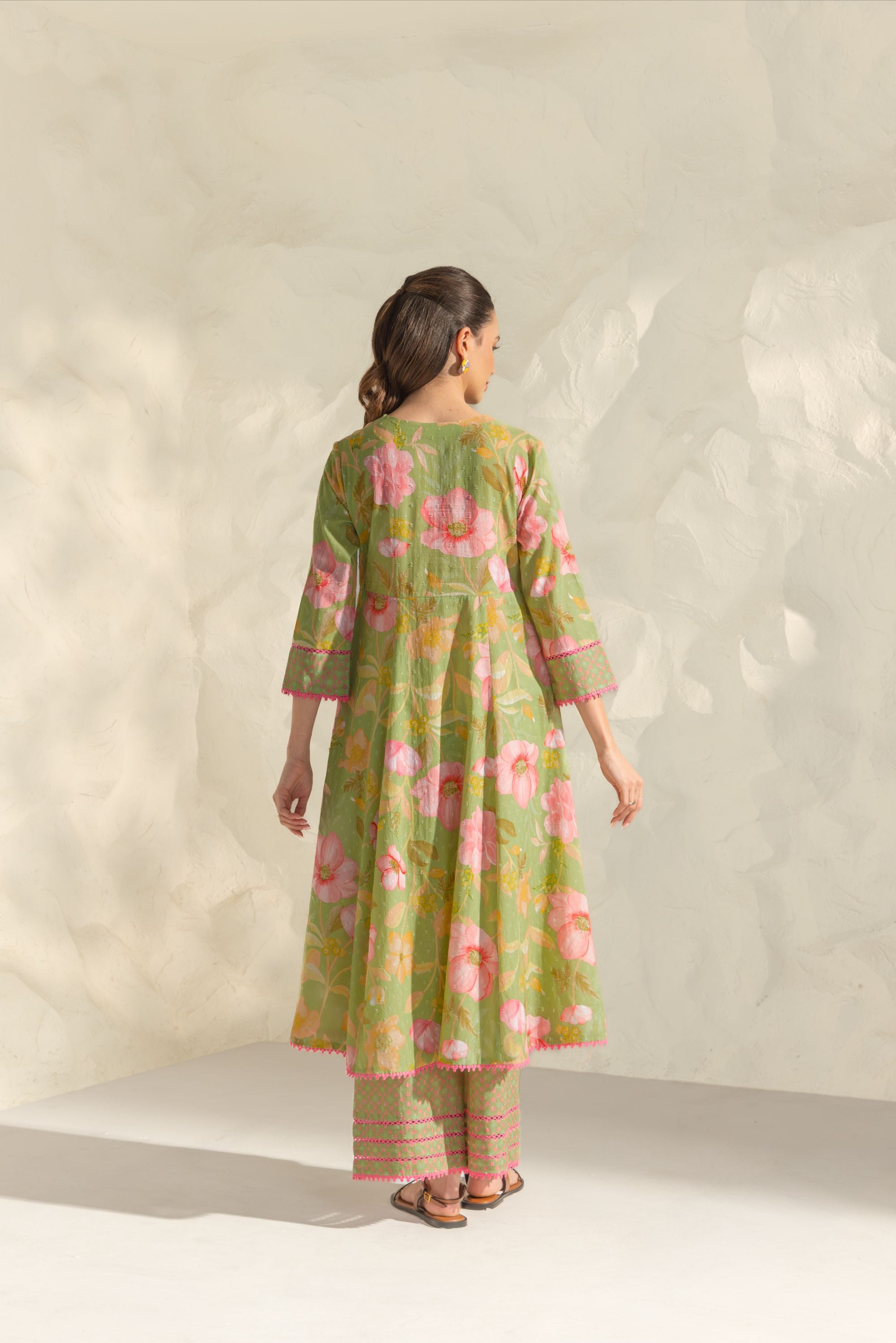 Riva Green & Pink Handcrafted Floral Printed Cotton Dobby Angrakha Set