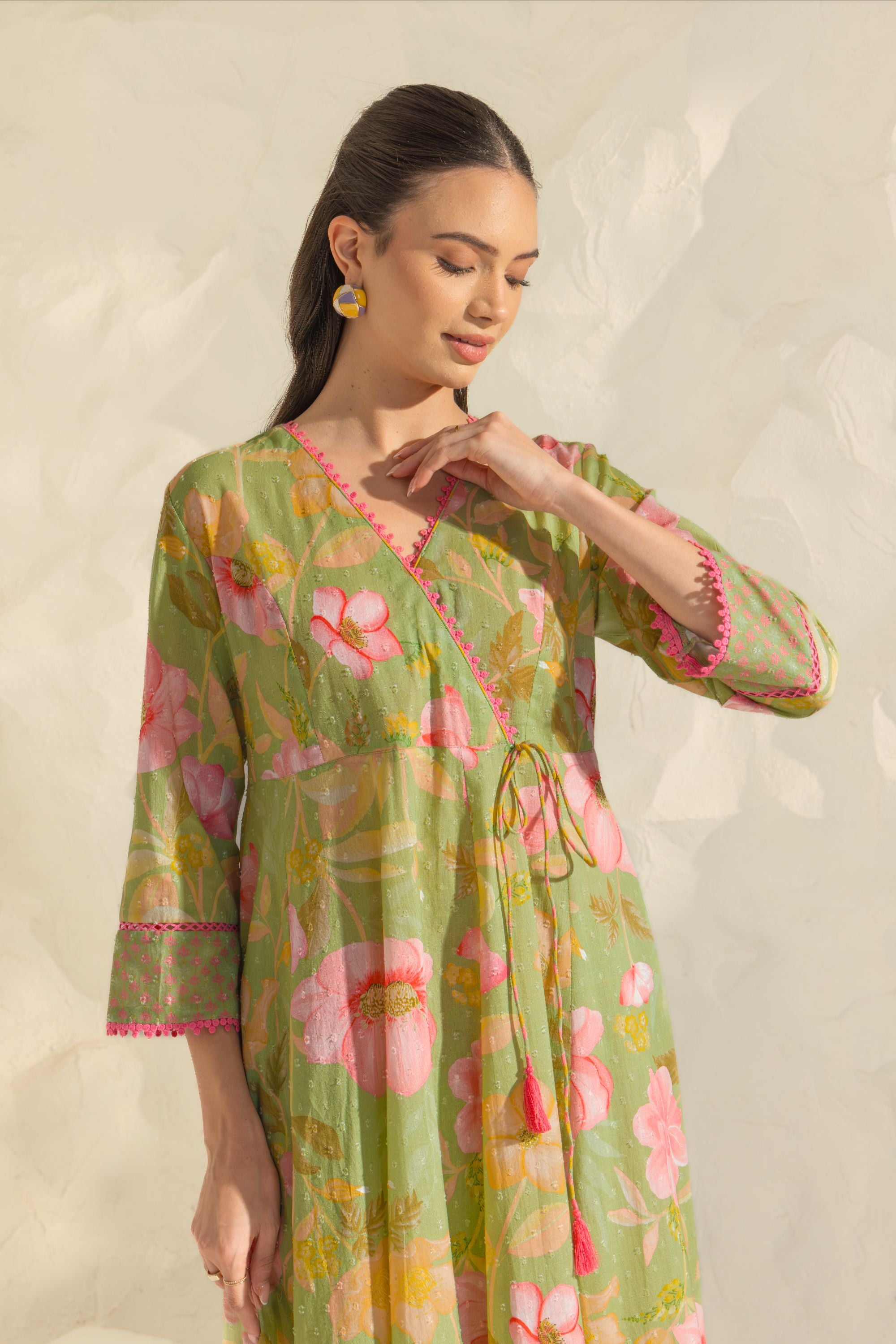 Riva Green & Pink Handcrafted Floral Printed Cotton Dobby Angrakha Set
