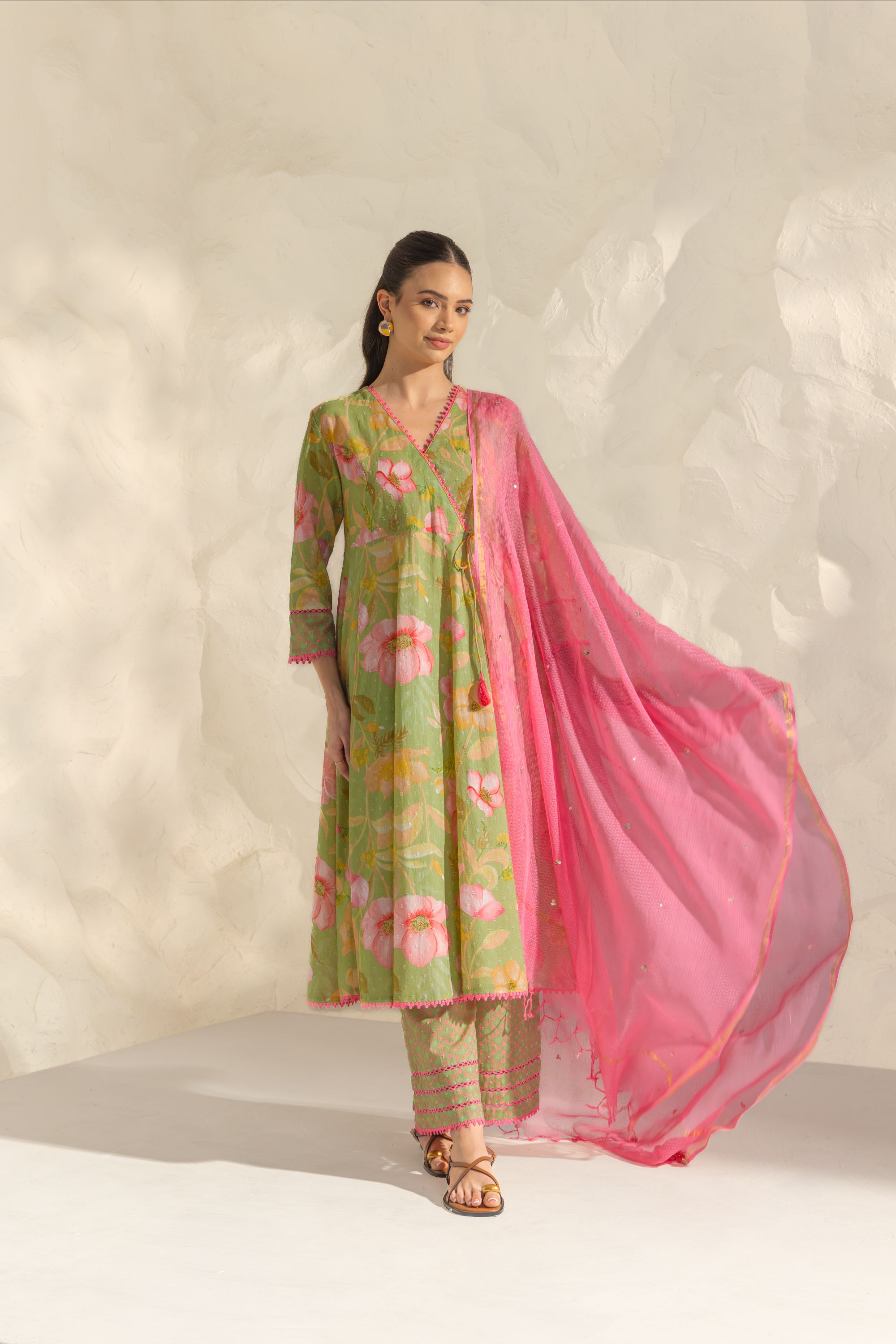 Riva Green & Pink Handcrafted Floral Printed Cotton Dobby Angrakha Set