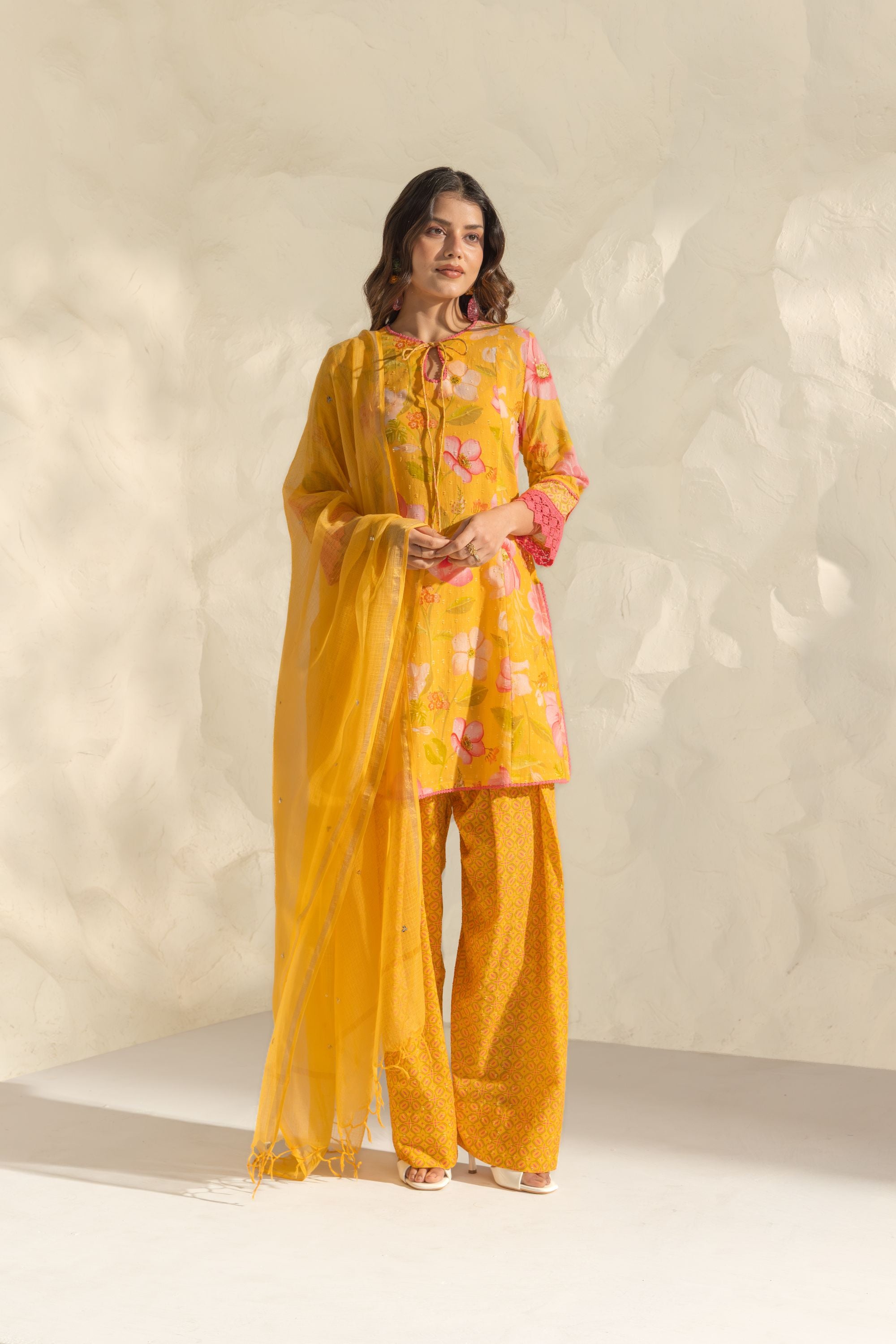 Vanya Yellow & Pink Cotton Printed Short Kurta Set with Farshi Salwar