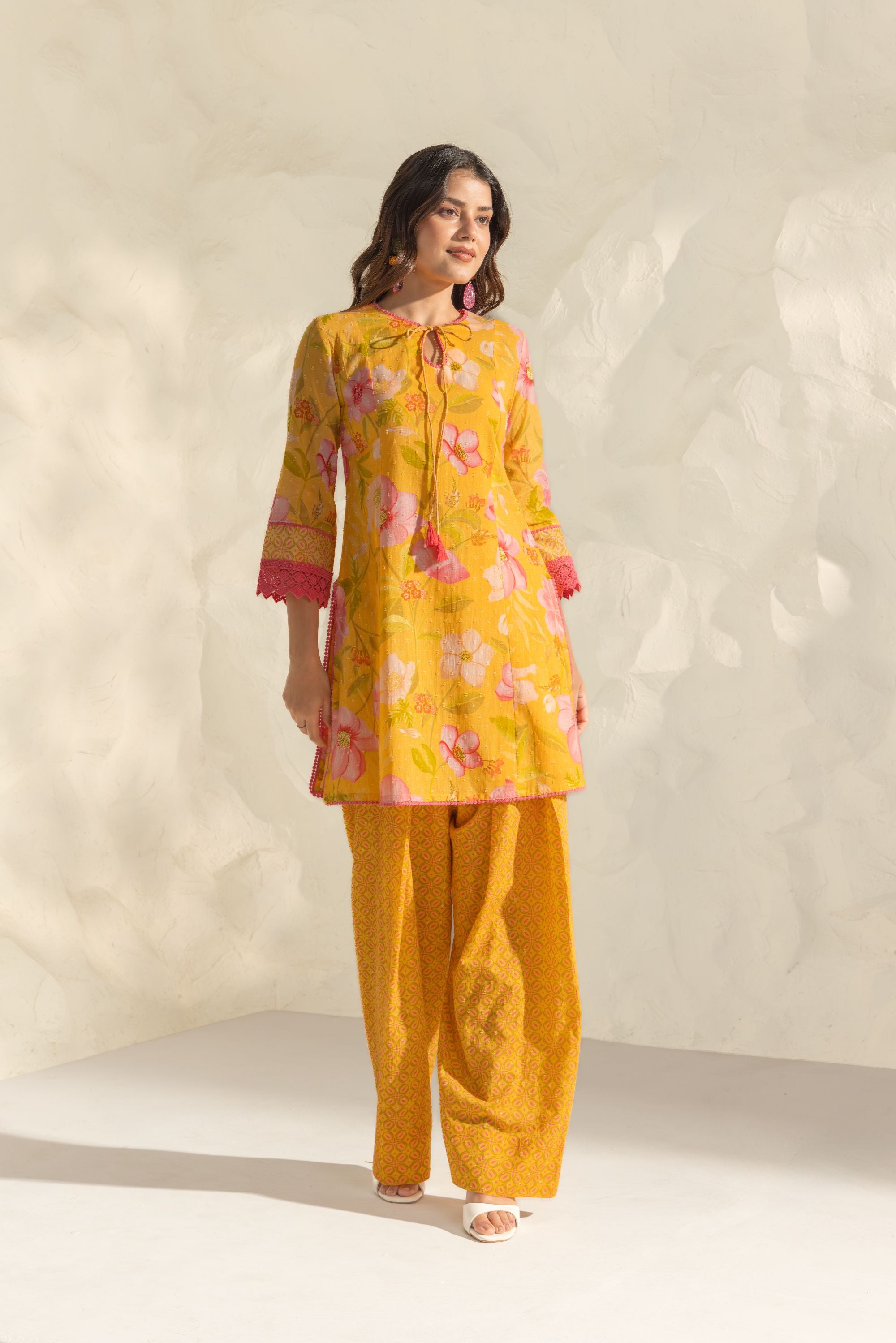 Vanya Yellow & Pink Cotton Printed Short Kurta Set with Farshi Salwar