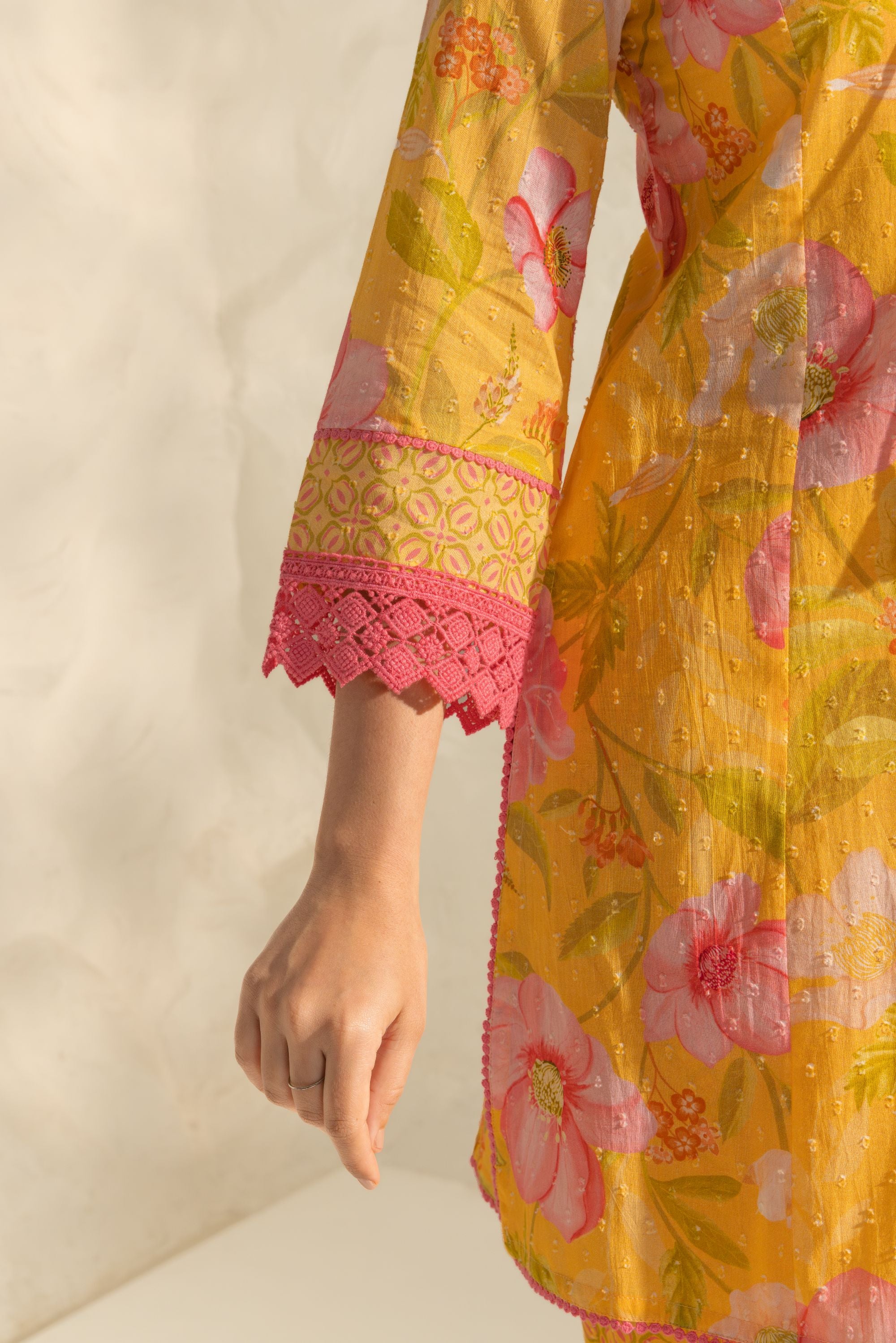Vanya Yellow & Pink Cotton Printed Short Kurta Set with Farshi Salwar
