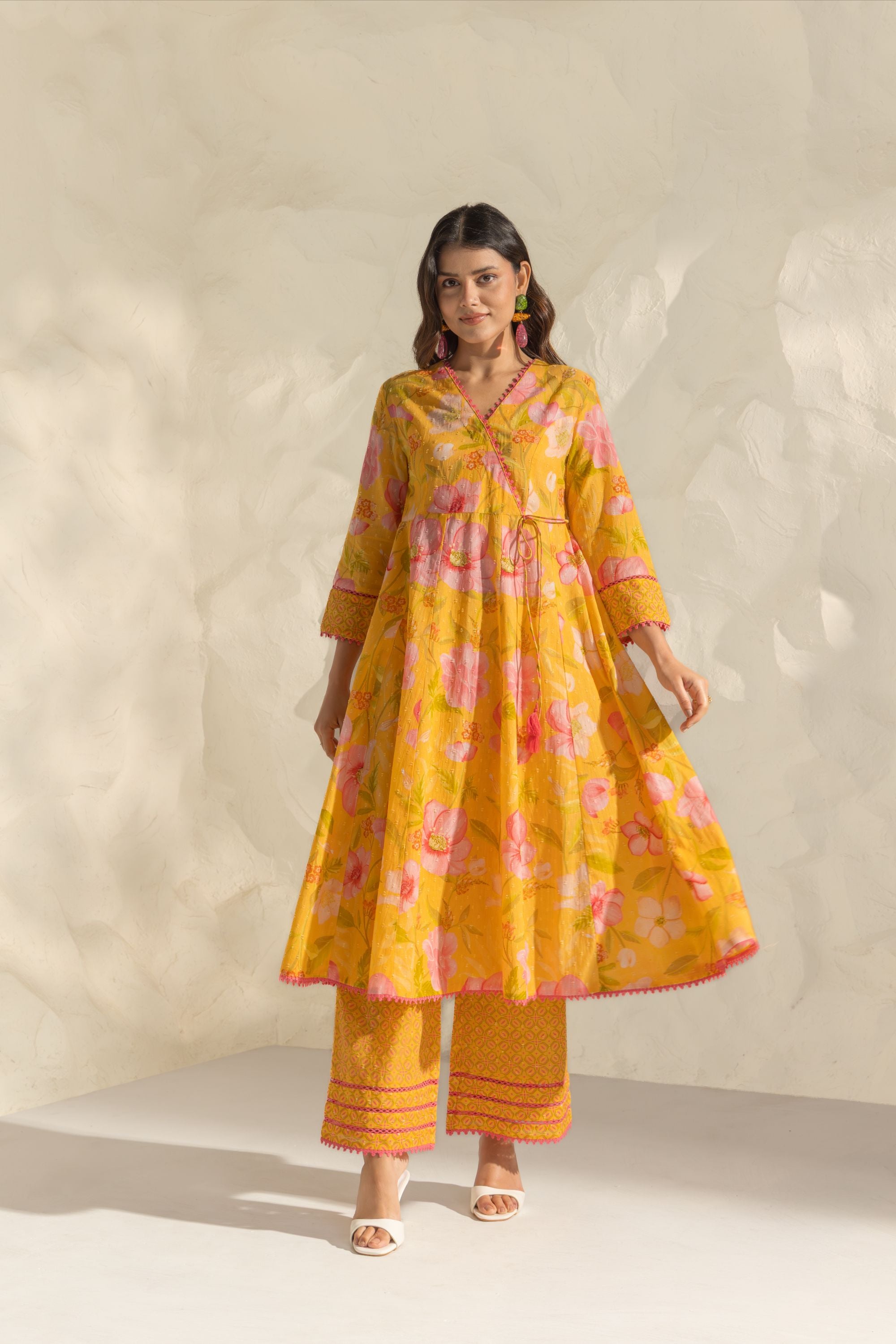 Riva Yellow & Pink Handcrafted Floral Printed Cotton Dobby Angrakha Set