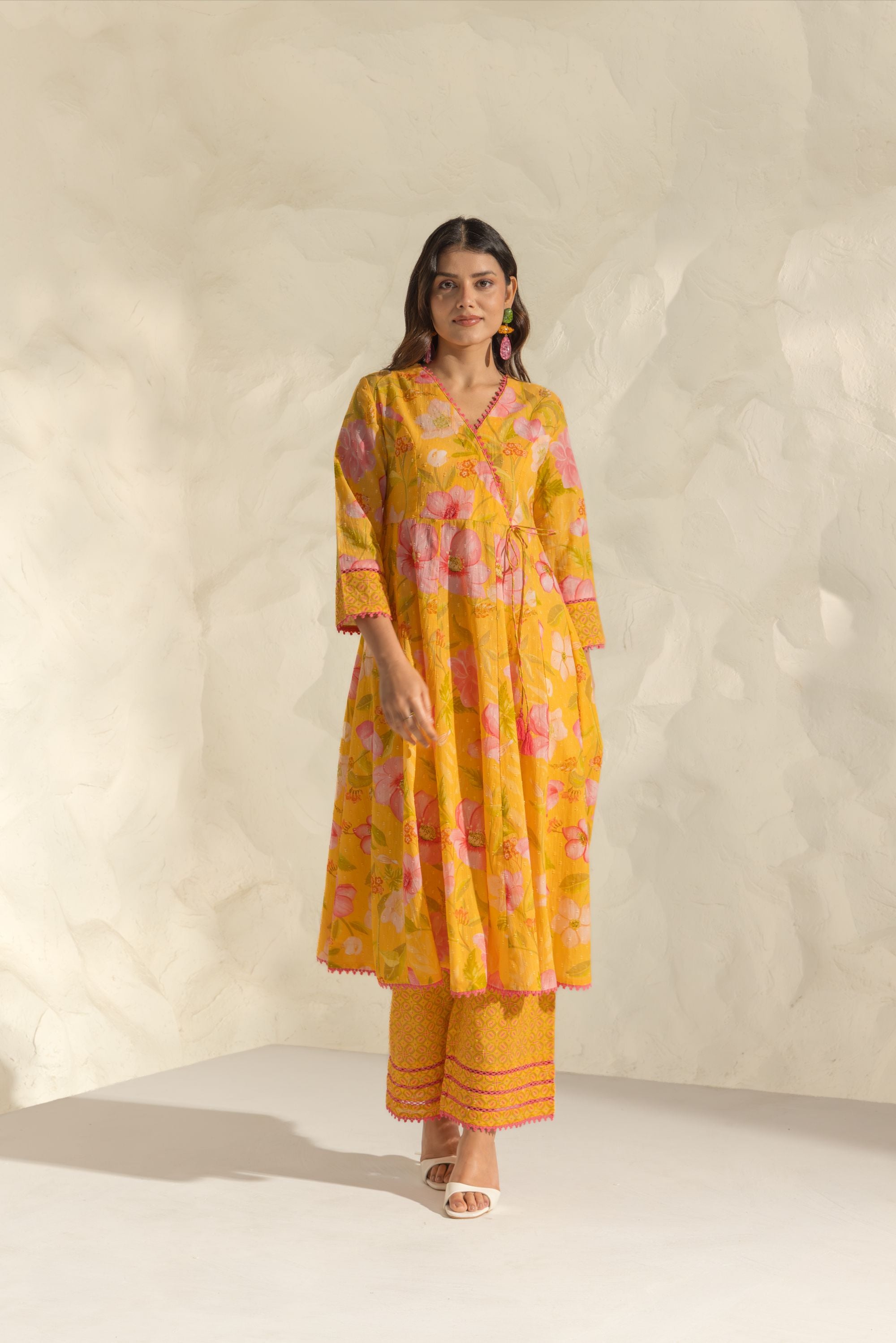 Riva Yellow & Pink Handcrafted Floral Printed Cotton Dobby Angrakha Set