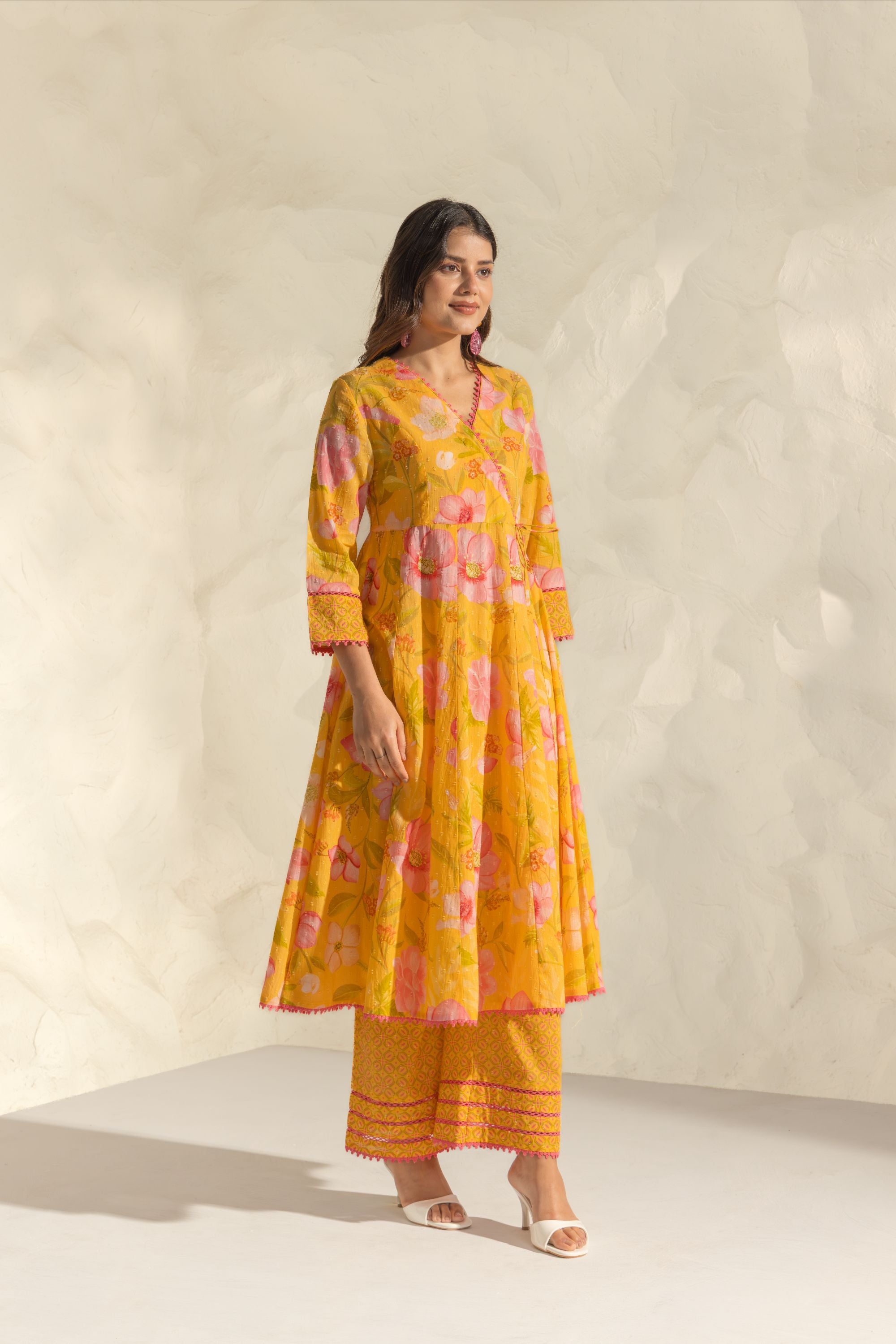 Riva Yellow & Pink Handcrafted Floral Printed Cotton Dobby Angrakha Set