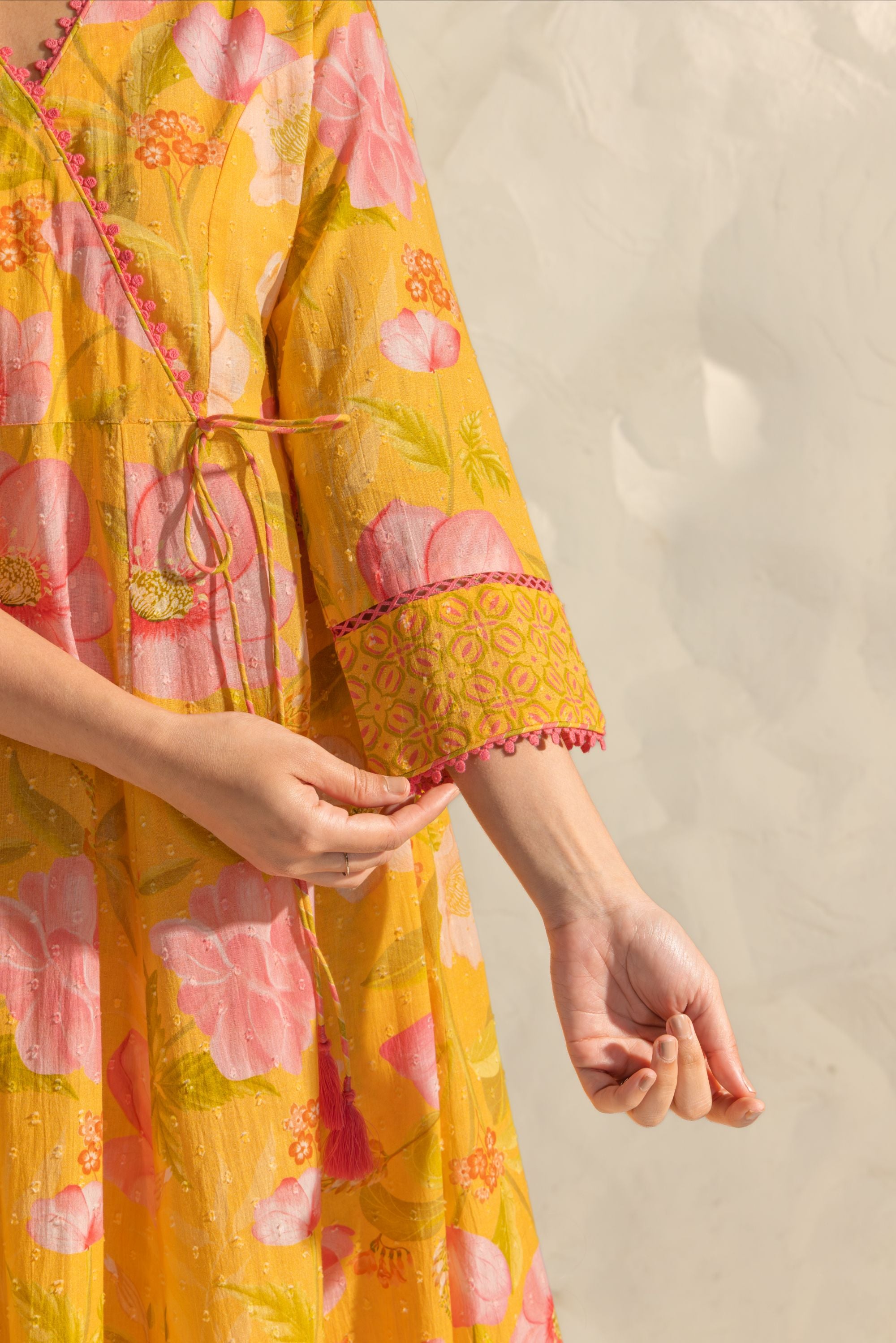 Riva Yellow & Pink Handcrafted Floral Printed Cotton Dobby Angrakha Set