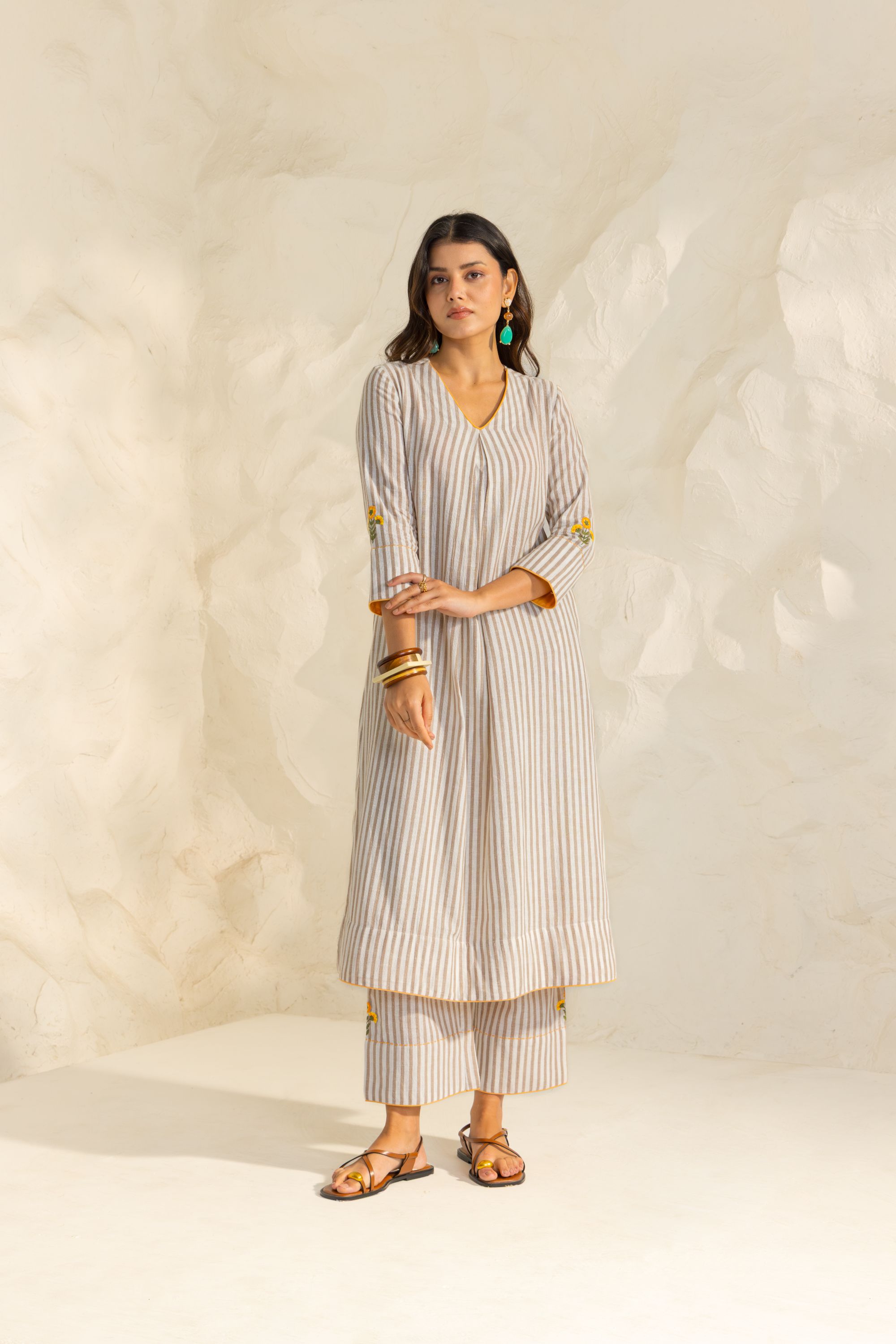 Zaria Beige Embroidered Yarn Dyed Handcrafted Kurta Set