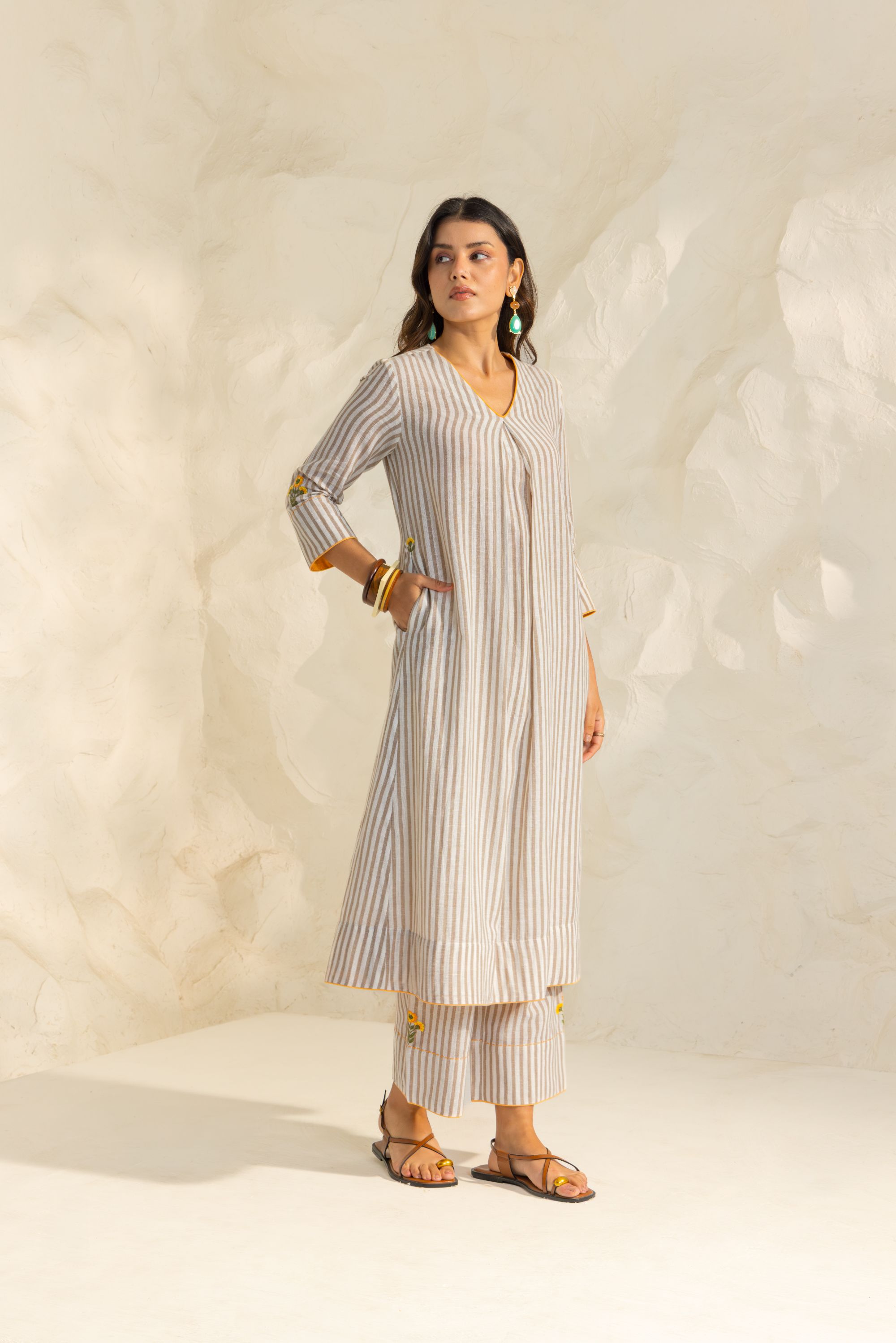 Zaria Beige Embroidered Yarn Dyed Handcrafted Kurta Set