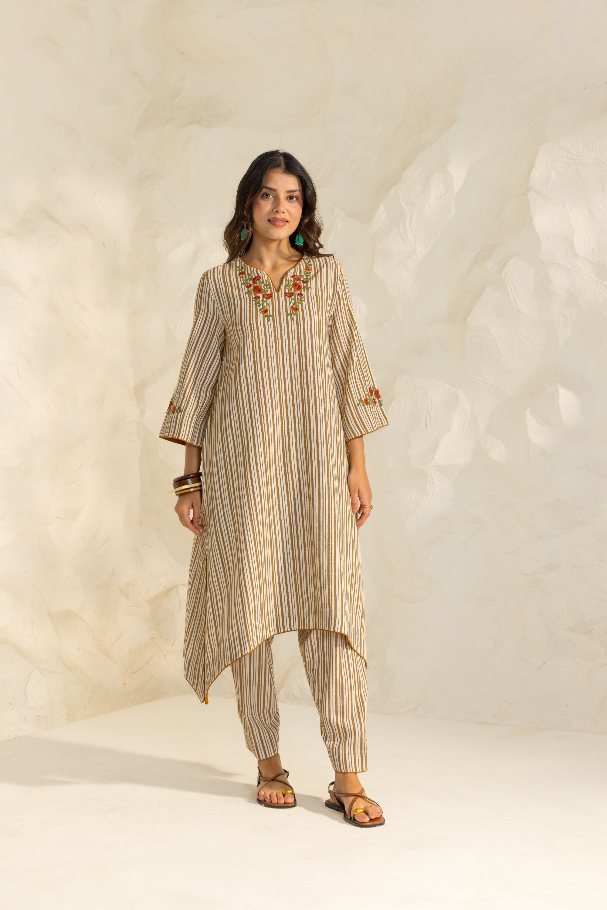 Savera Ivory & Mustard Embroidered Yarn Dyed Handcrafted High Low Kurta Set