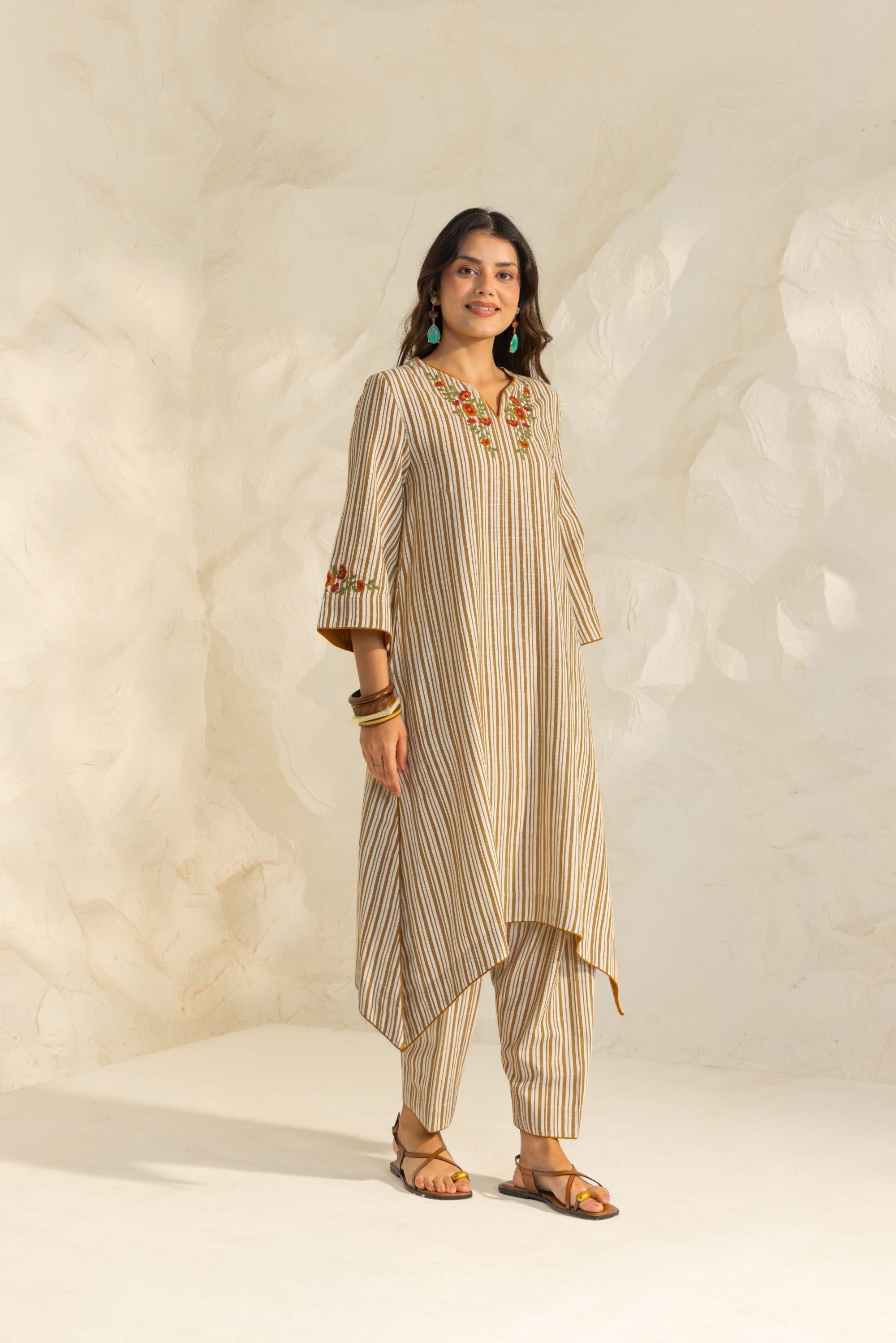 Savera Ivory & Mustard Embroidered Yarn Dyed Handcrafted High Low Kurta Set