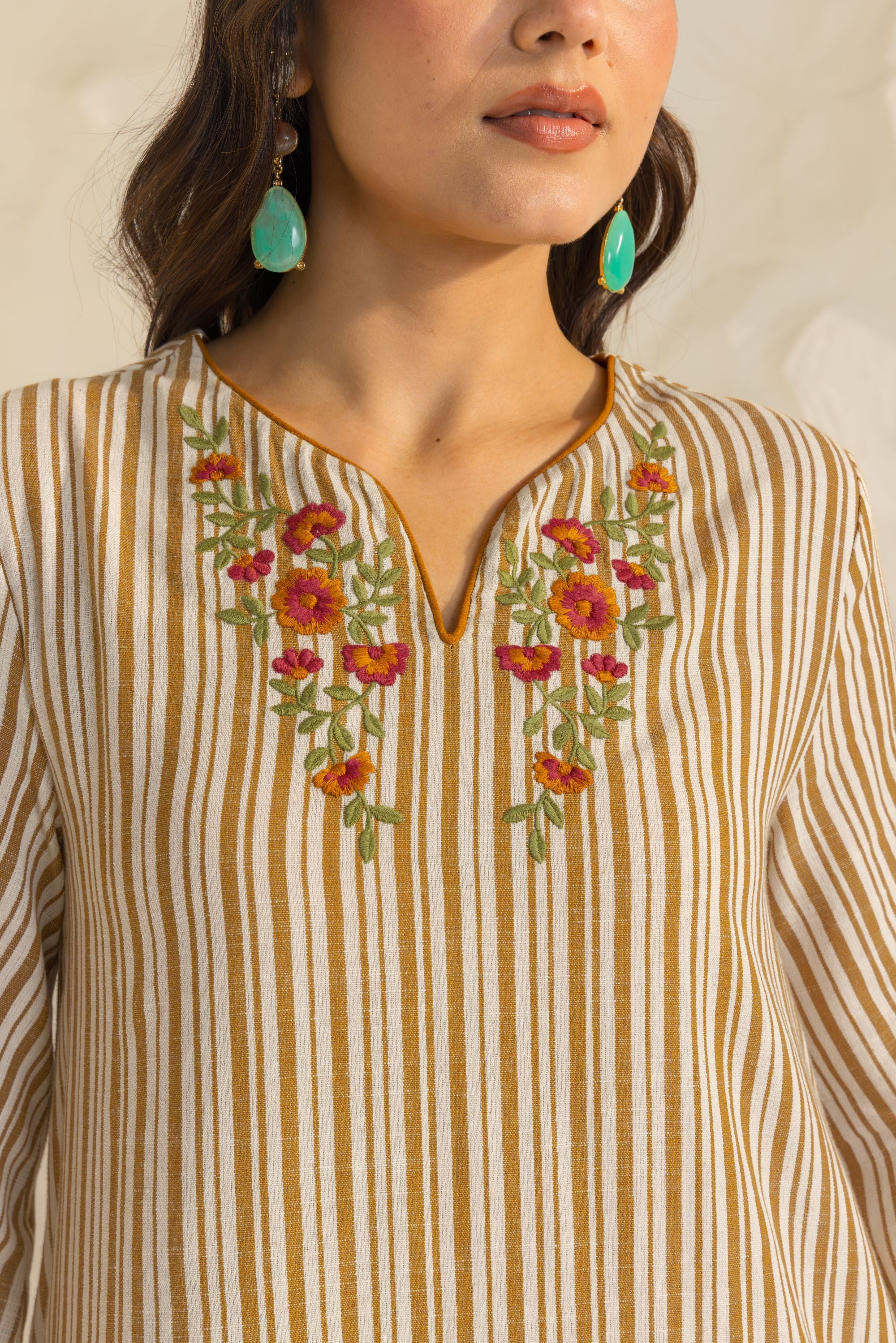 Savera Ivory & Mustard Embroidered Yarn Dyed Handcrafted High Low Kurta Set