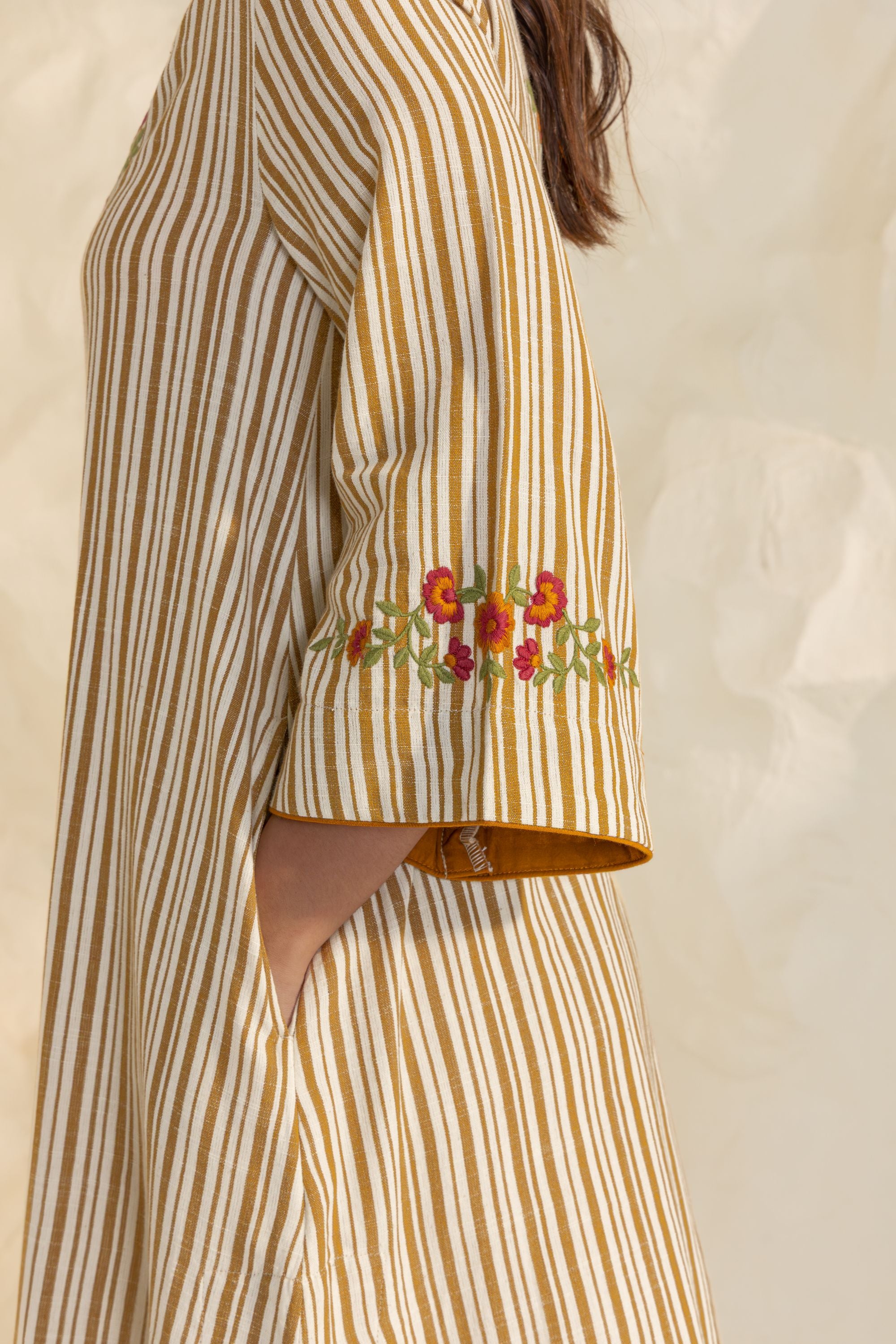 Savera Ivory & Mustard Embroidered Yarn Dyed Handcrafted High Low Kurta Set