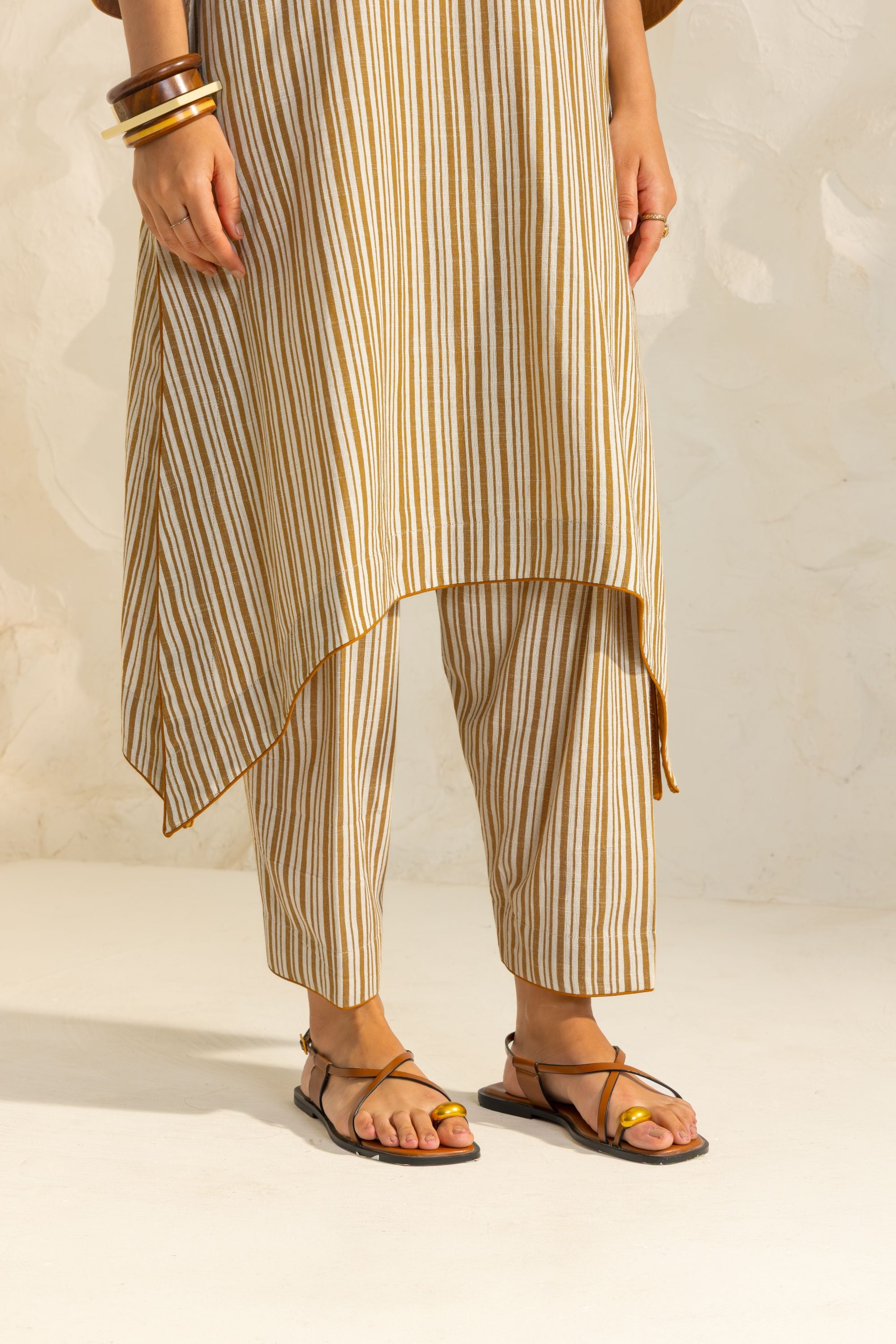 Savera Ivory & Mustard Embroidered Yarn Dyed Handcrafted High Low Kurta Set